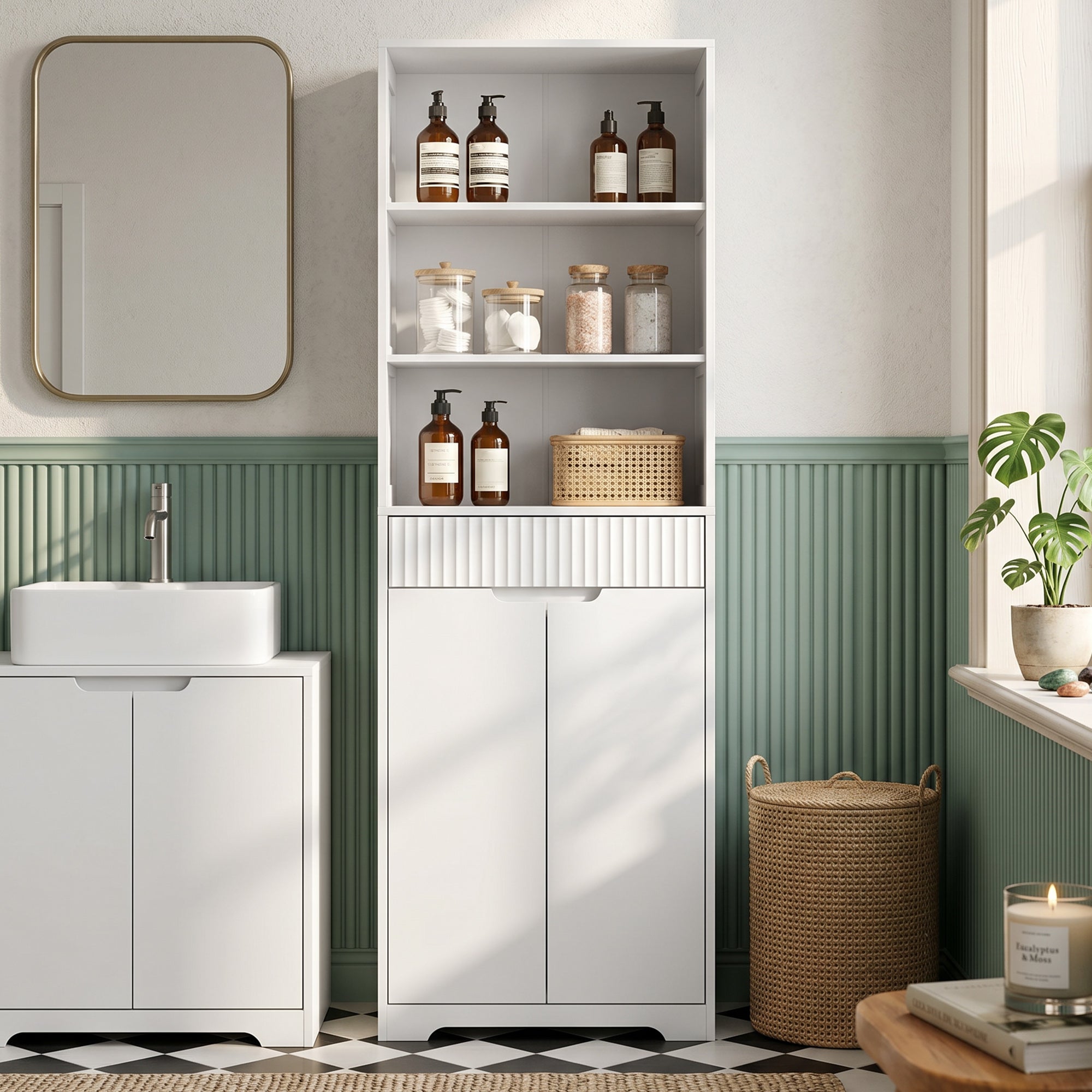 Meuble de salle de bain haut, meuble de rangement avec 2 portes à fermeture douce, tiroir, 3 compartiments ouverts et étagères réglables, style moderne, pour salon, chambre, 60x30x171cm, blanc