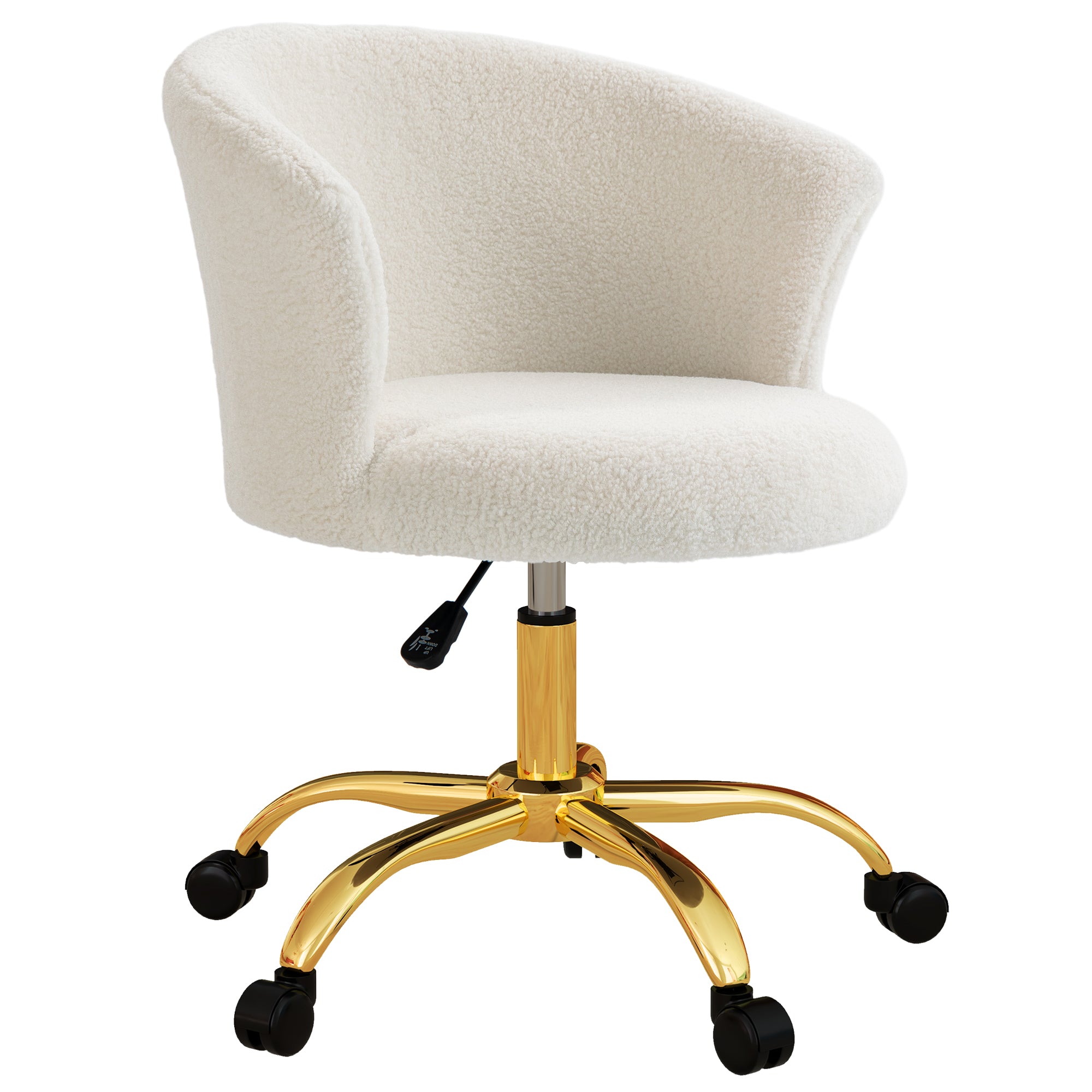 Chaise bureau ergonomique en polaire Teddy, chaise coiffeuse, fauteuil pivotante avec hauteur réglable, assise rembourrée et piètement acier doré, pour bureau, salon, chambre, blanc