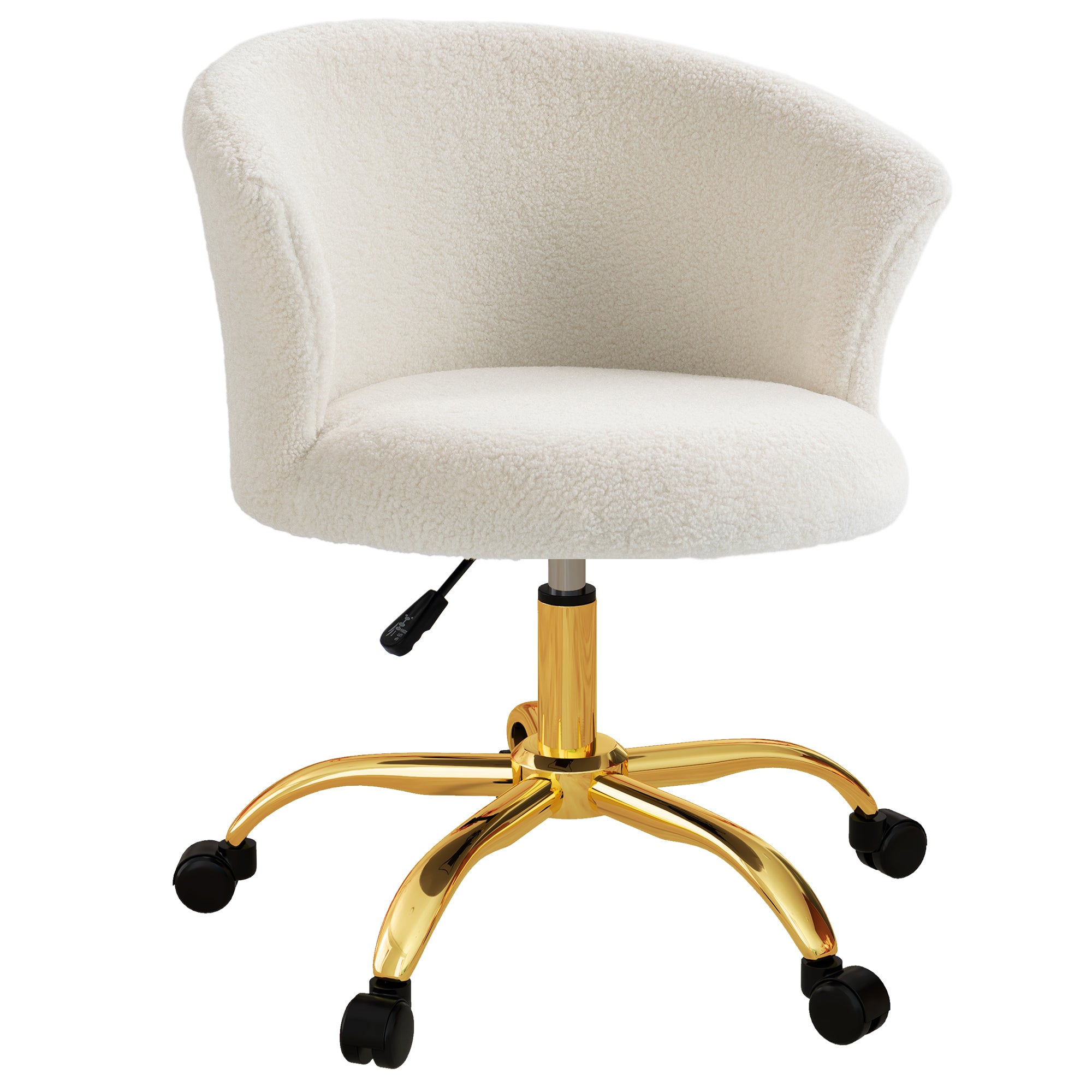 Chaise bureau ergonomique en polaire Teddy, chaise coiffeuse, fauteuil pivotante avec hauteur réglable, assise rembourrée et piètement acier doré, pour bureau, salon, chambre, blanc