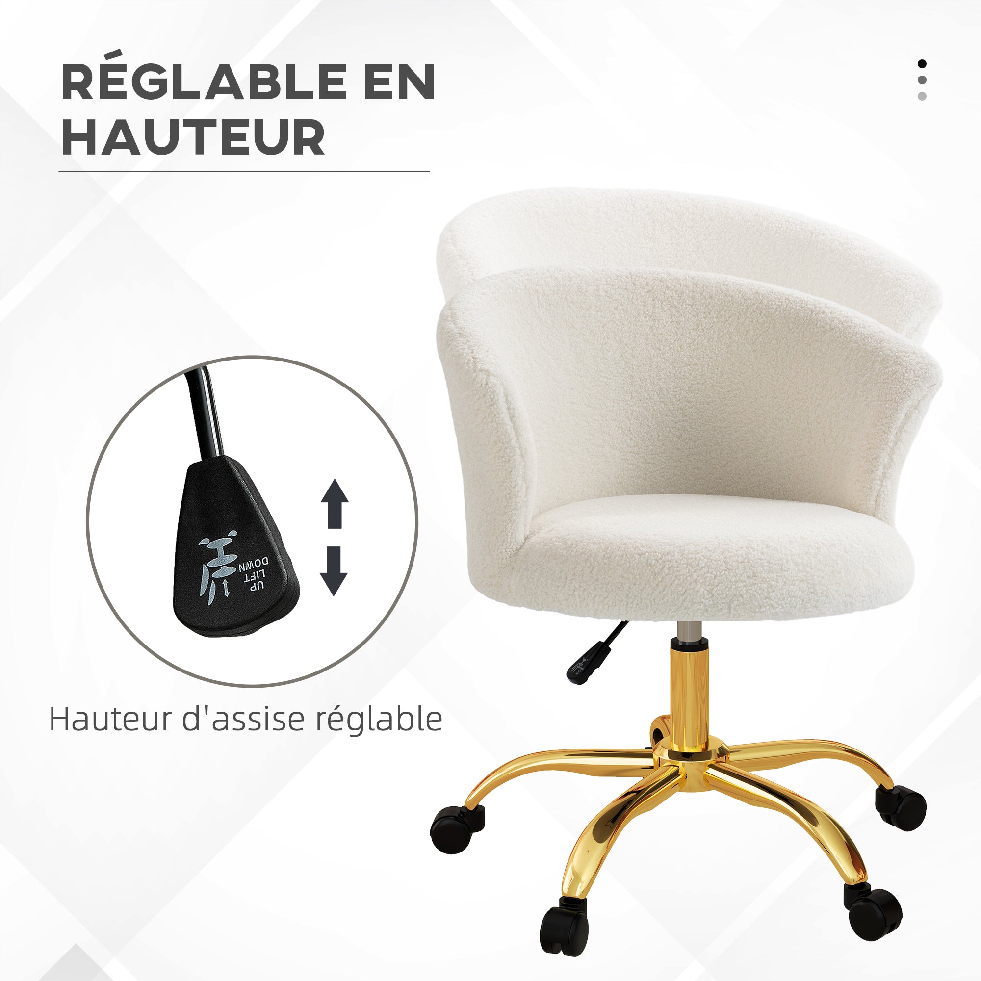 Chaise bureau ergonomique en polaire Teddy, chaise coiffeuse, fauteuil pivotante avec hauteur réglable, assise rembourrée et piètement acier doré, pour bureau, salon, chambre, blanc