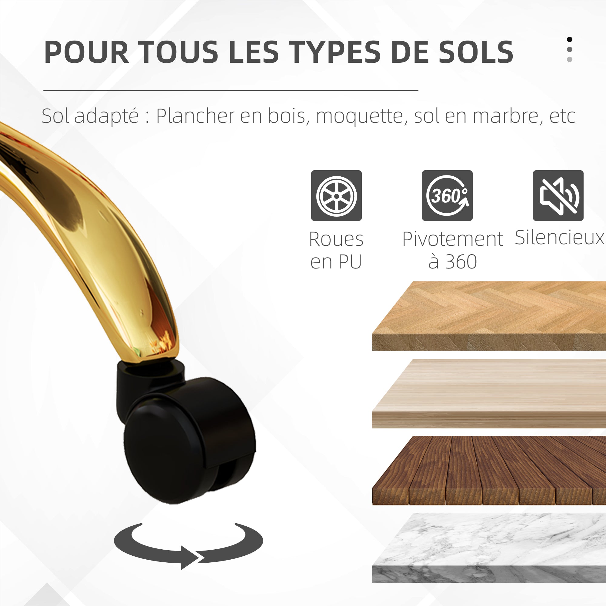Chaise bureau ergonomique en polaire Teddy, chaise coiffeuse, fauteuil pivotante avec hauteur réglable, assise rembourrée et piètement acier doré, pour bureau, salon, chambre, blanc