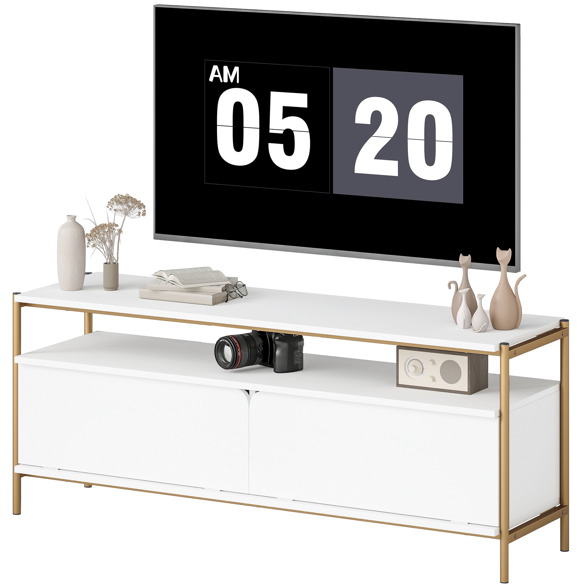 Meuble TV meuble télé pour téléviseur jusqu'à 55 pouces avec 2 portes rabattables et étagère ouverte, cadre en acier, banc TV moderne pour salon chambre à coucher, 124 x 35 x 50 cm, blanc