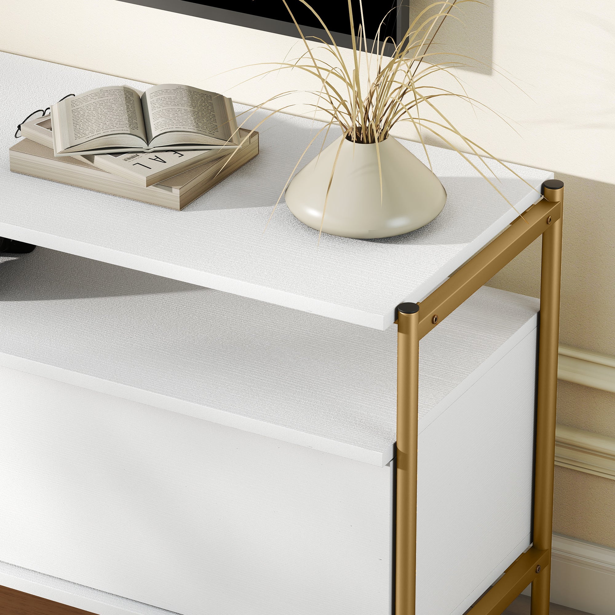 Meuble TV meuble télé pour téléviseur jusqu'à 55 pouces avec 2 portes rabattables et étagère ouverte, cadre en acier, banc TV moderne pour salon chambre à coucher, 124 x 35 x 50 cm, blanc