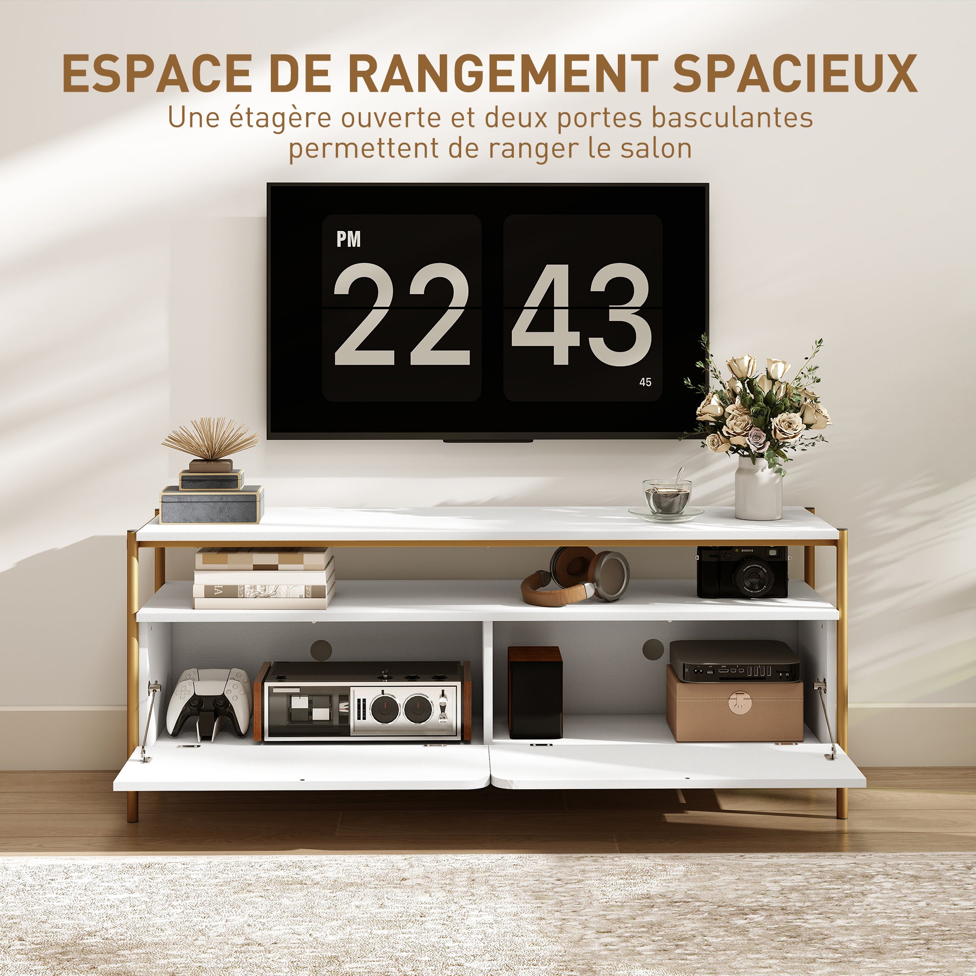 Meuble TV meuble télé pour téléviseur jusqu'à 55 pouces avec 2 portes rabattables et étagère ouverte, cadre en acier, banc TV moderne pour salon chambre à coucher, 124 x 35 x 50 cm, blanc