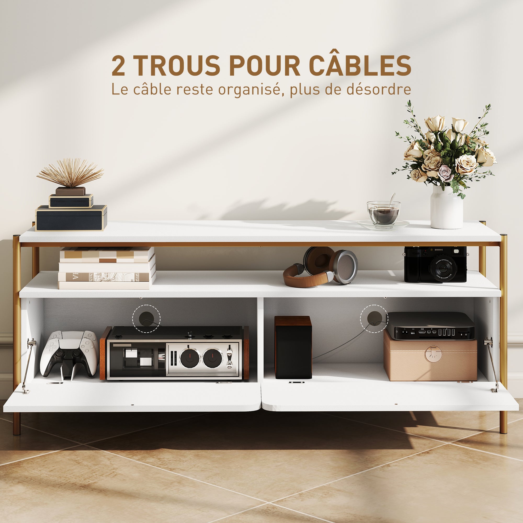 Meuble TV meuble télé pour téléviseur jusqu'à 55 pouces avec 2 portes rabattables et étagère ouverte, cadre en acier, banc TV moderne pour salon chambre à coucher, 124 x 35 x 50 cm, blanc
