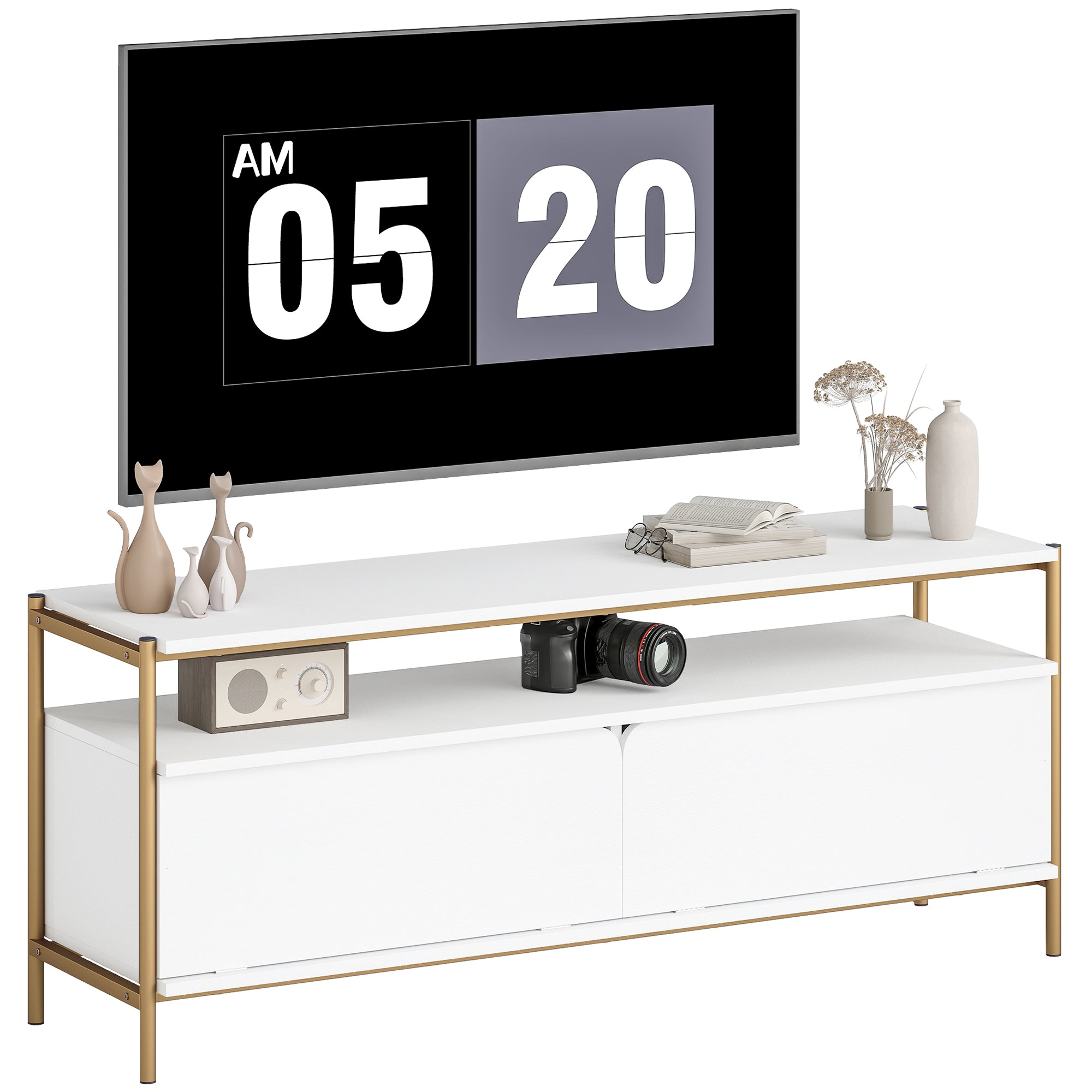 Meuble TV meuble télé pour téléviseur jusqu'à 55 pouces avec 2 portes rabattables et étagère ouverte, cadre en acier, banc TV moderne pour salon chambre à coucher, 124 x 35 x 50 cm, blanc