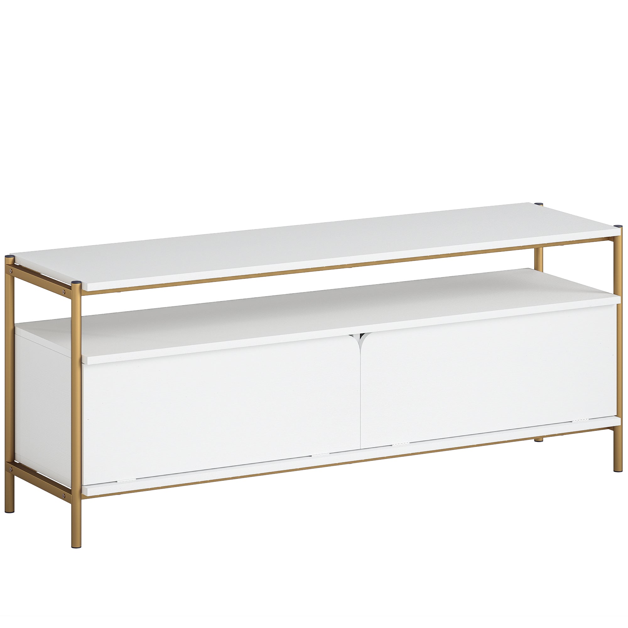 Meuble TV meuble télé pour téléviseur jusqu'à 55 pouces avec 2 portes rabattables et étagère ouverte, cadre en acier, banc TV moderne pour salon chambre à coucher, 124 x 35 x 50 cm, blanc