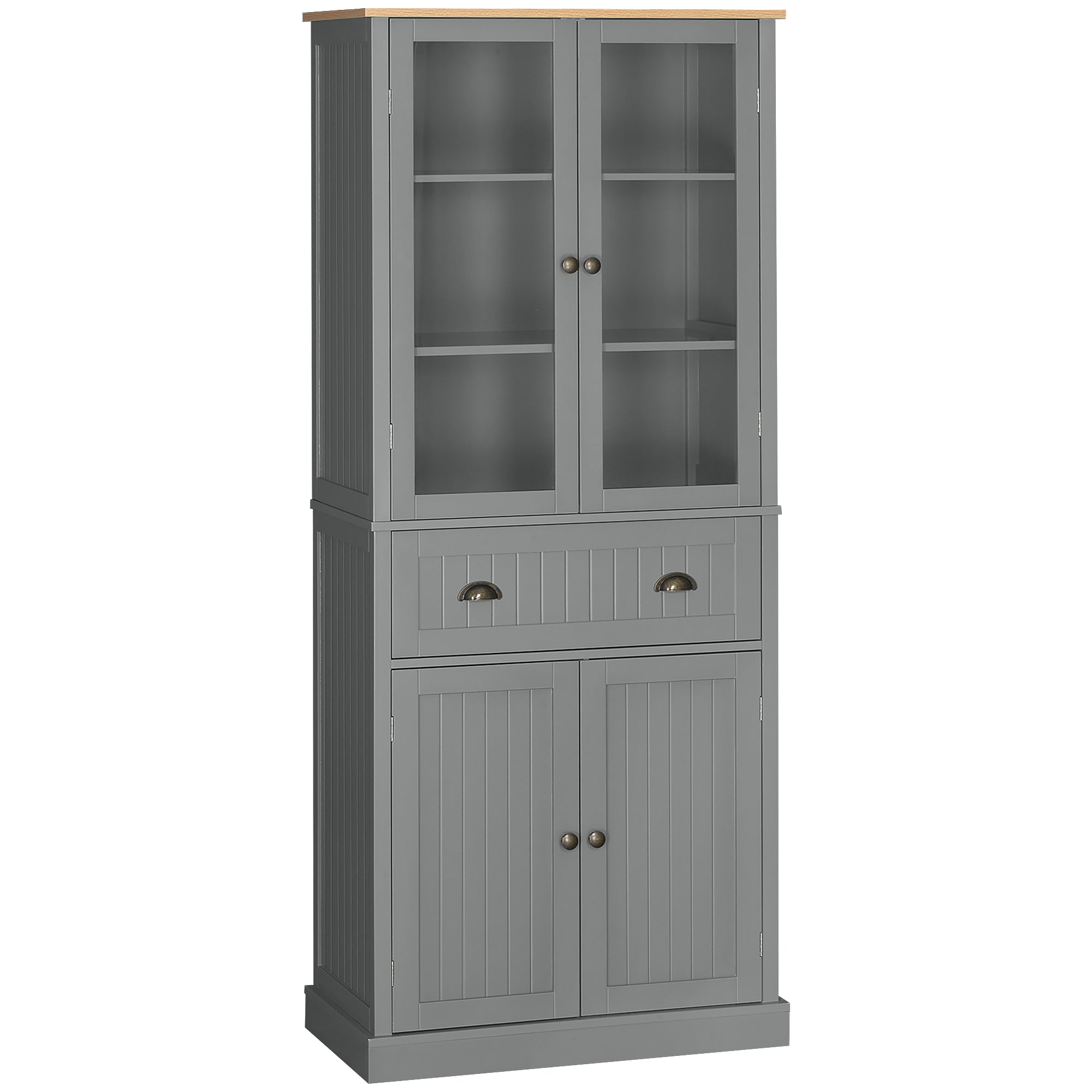 Buffet meuble cuisine rangement armoire de cuisine 4 portes dont 2 portes vitrées et 1 tiroir hauteur 182,5 cm avec étagères réglables - gris
