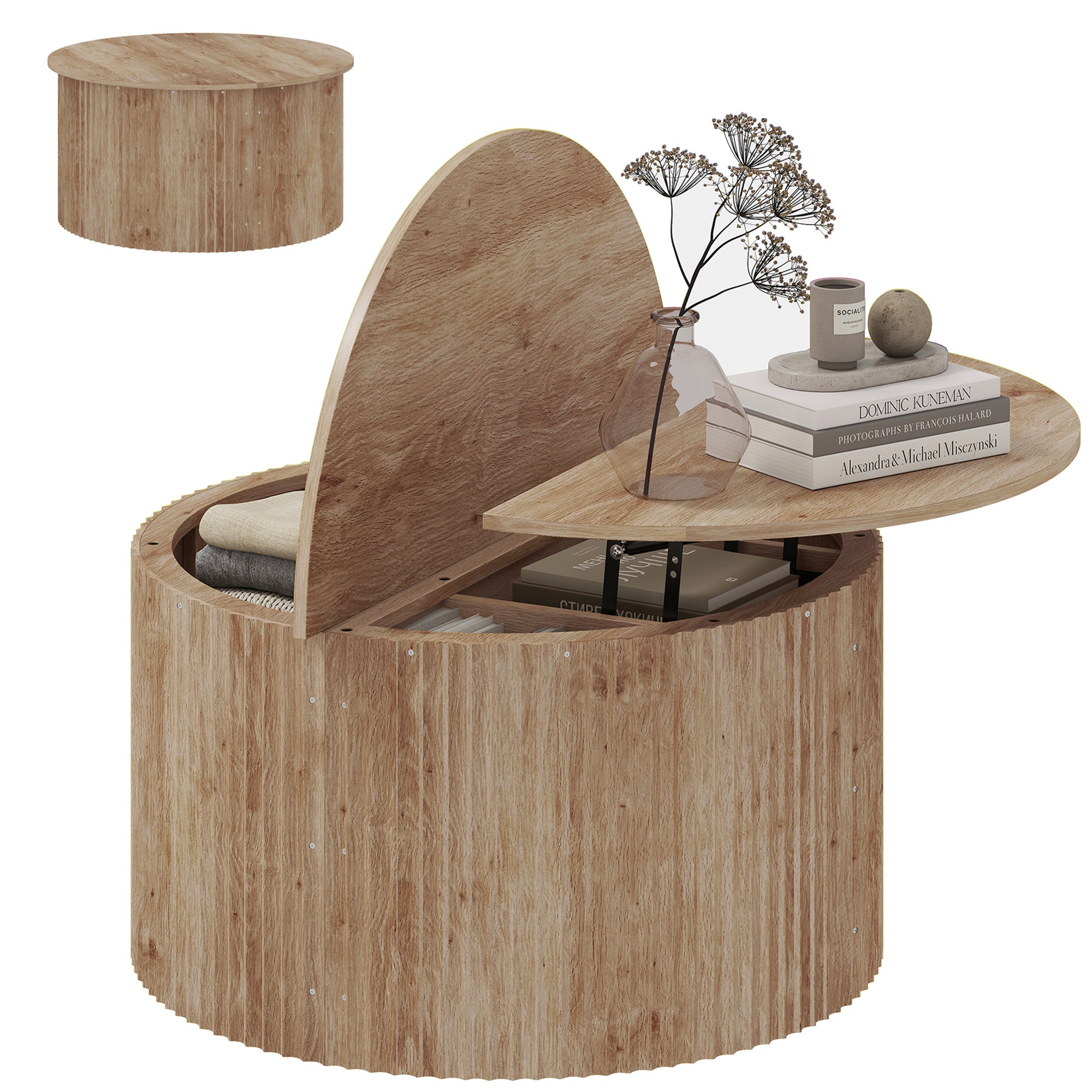 Table basse relevable, table de salon avec compartiment caché et plateau à fermeture douce, style moderne, pour salon, bureau, 80 x 80 x 42 cm, bois naturel