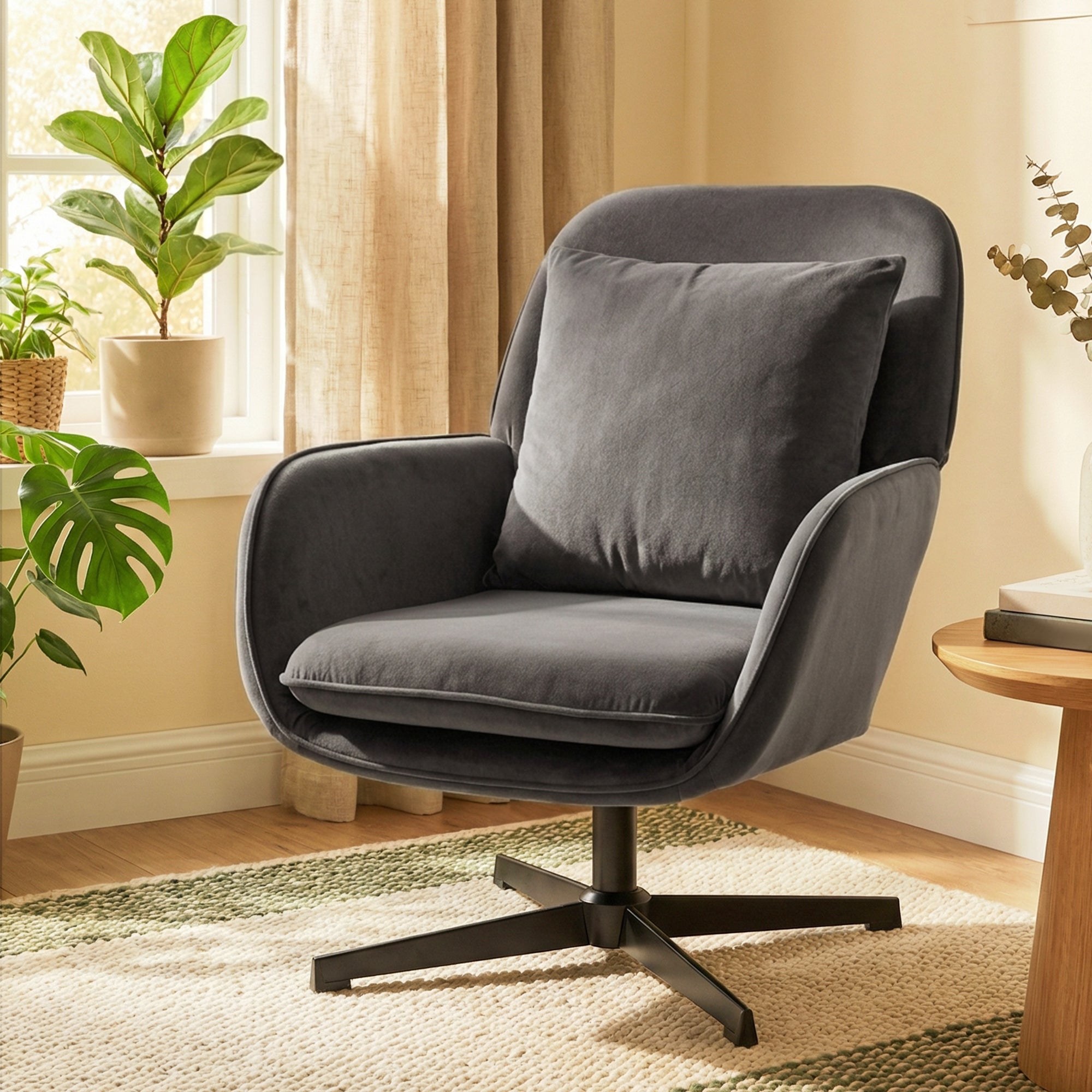 Fauteuil salon pivotant, fauteuil d'appoint rembourré en velours avec large assise, coussin et structure en métal, chaise de salon, chambre, coins lecture, gris foncé