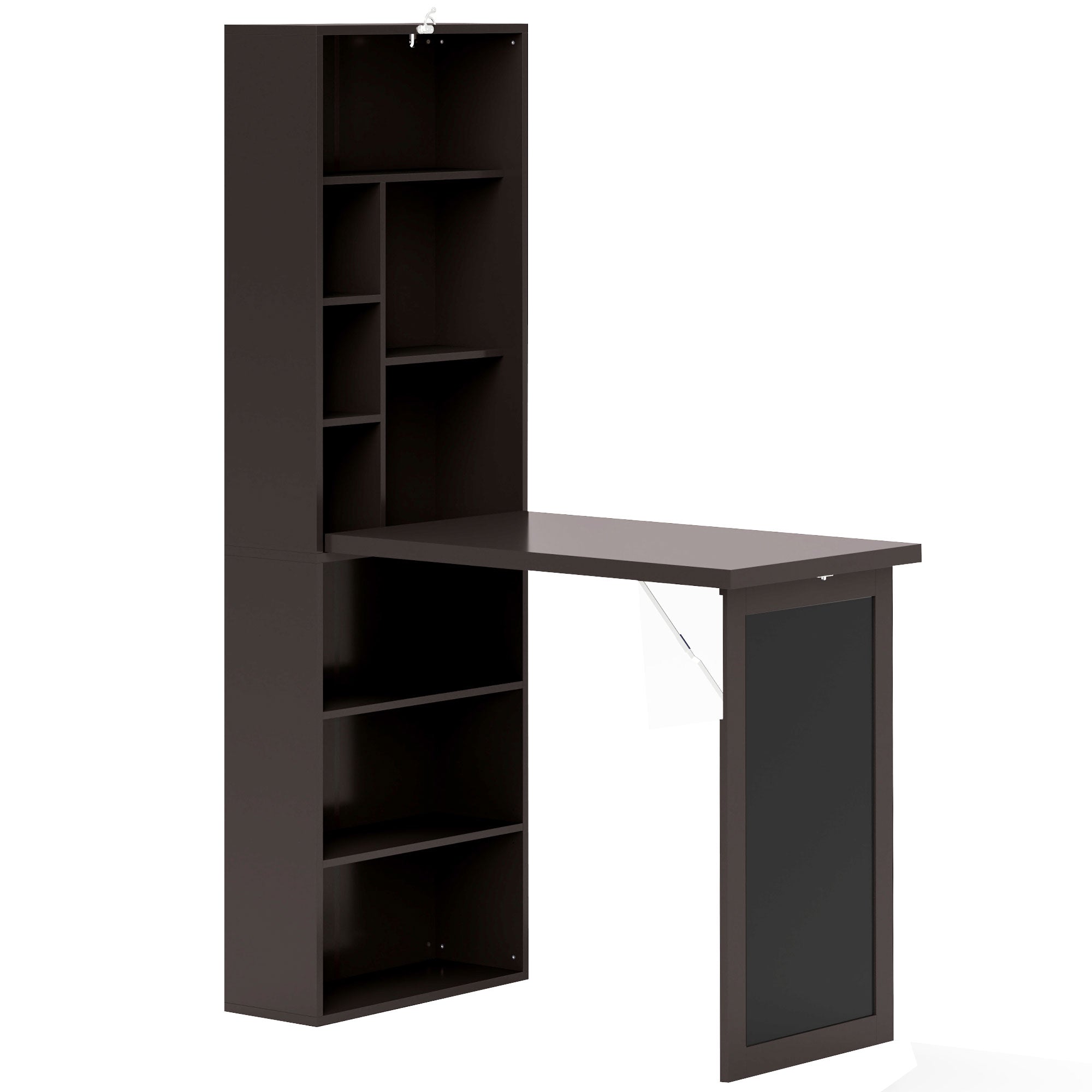 Bureau informatique pliable, bureau avec bibliothèque, poste de travail, tableau noir, 9 compartiments ouverts et étagère réglable, table d'ordinateur pour chambre, 98x51x153cm, marron