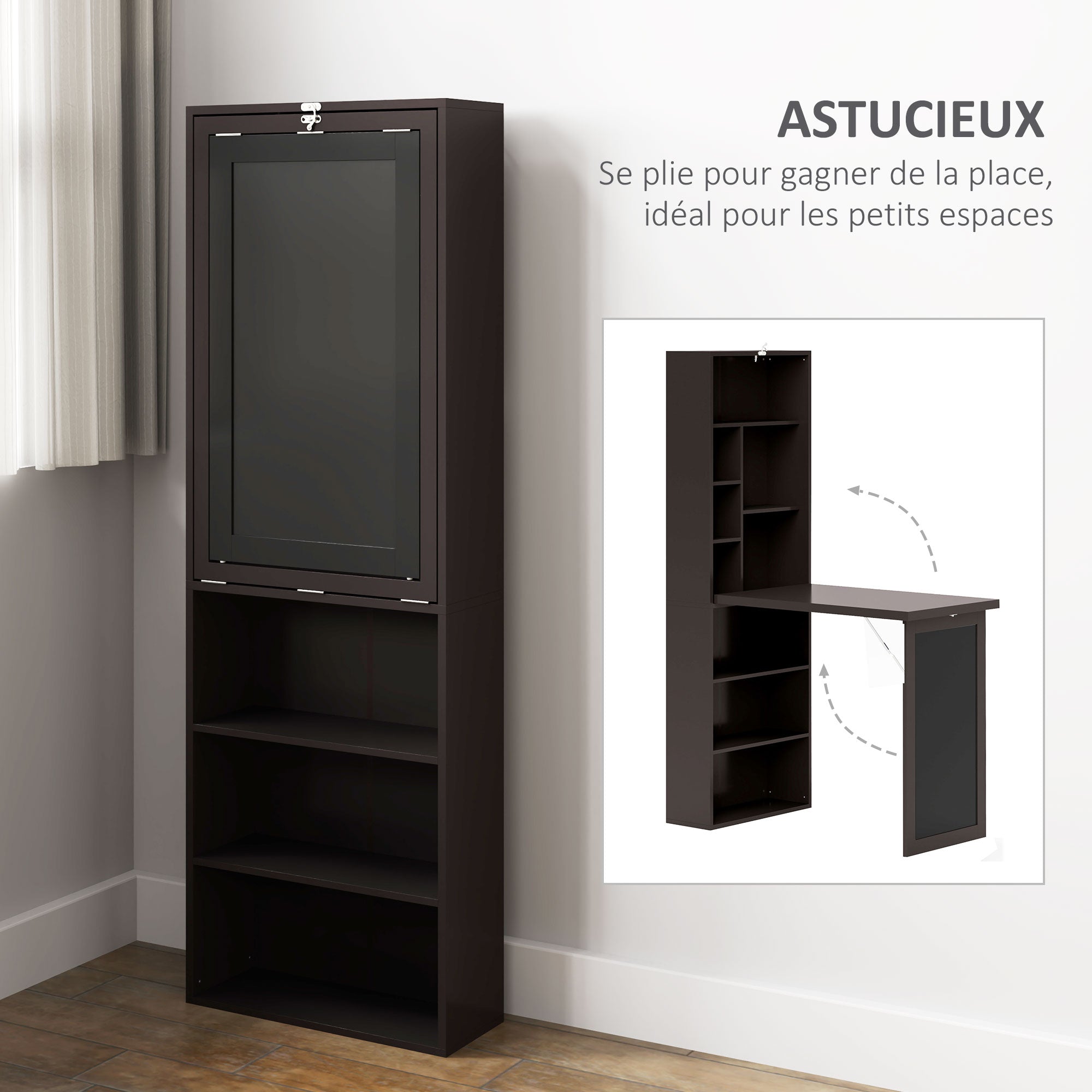 Bureau informatique pliable, bureau avec bibliothèque, poste de travail, tableau noir, 9 compartiments ouverts et étagère réglable, table d'ordinateur pour chambre, 98x51x153cm, marron