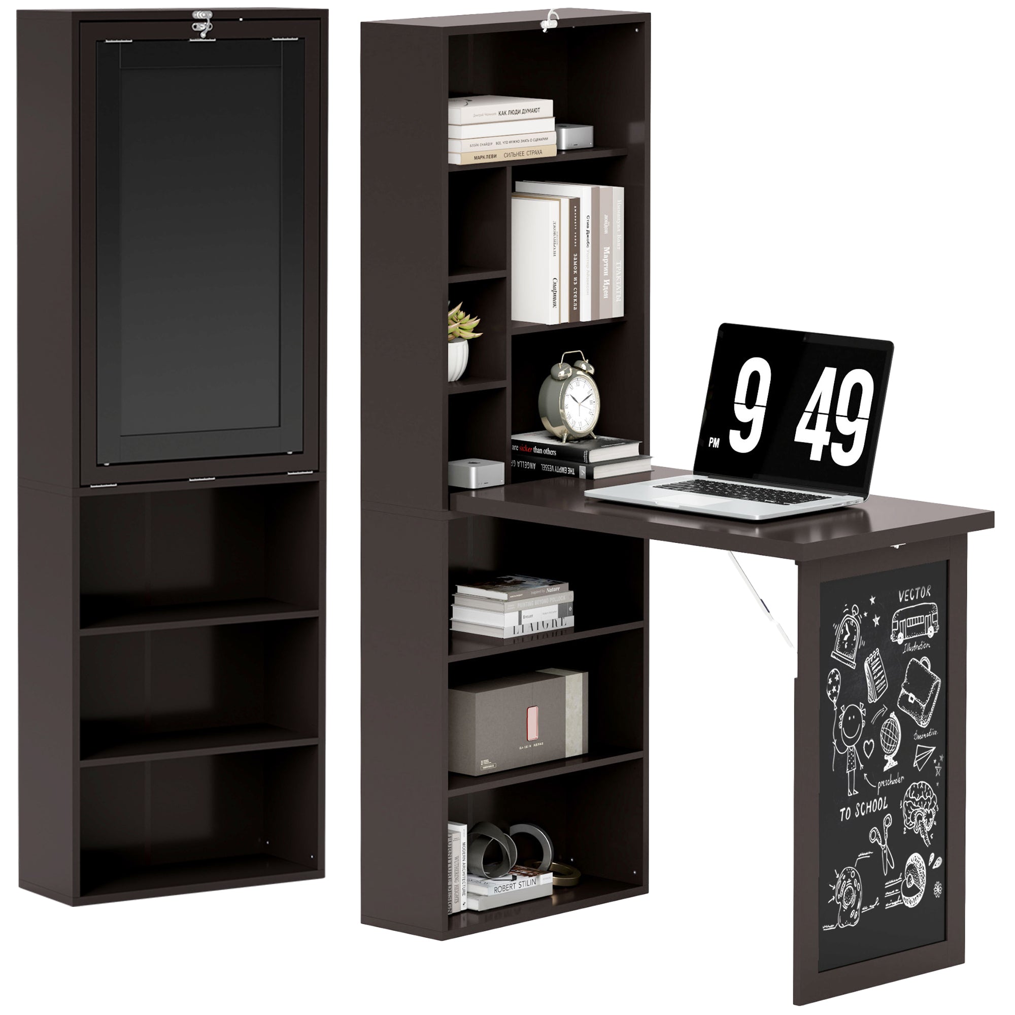 Bureau informatique pliable, bureau avec bibliothèque, poste de travail, tableau noir, 9 compartiments ouverts et étagère réglable, table d'ordinateur pour chambre, 98x51x153cm, marron