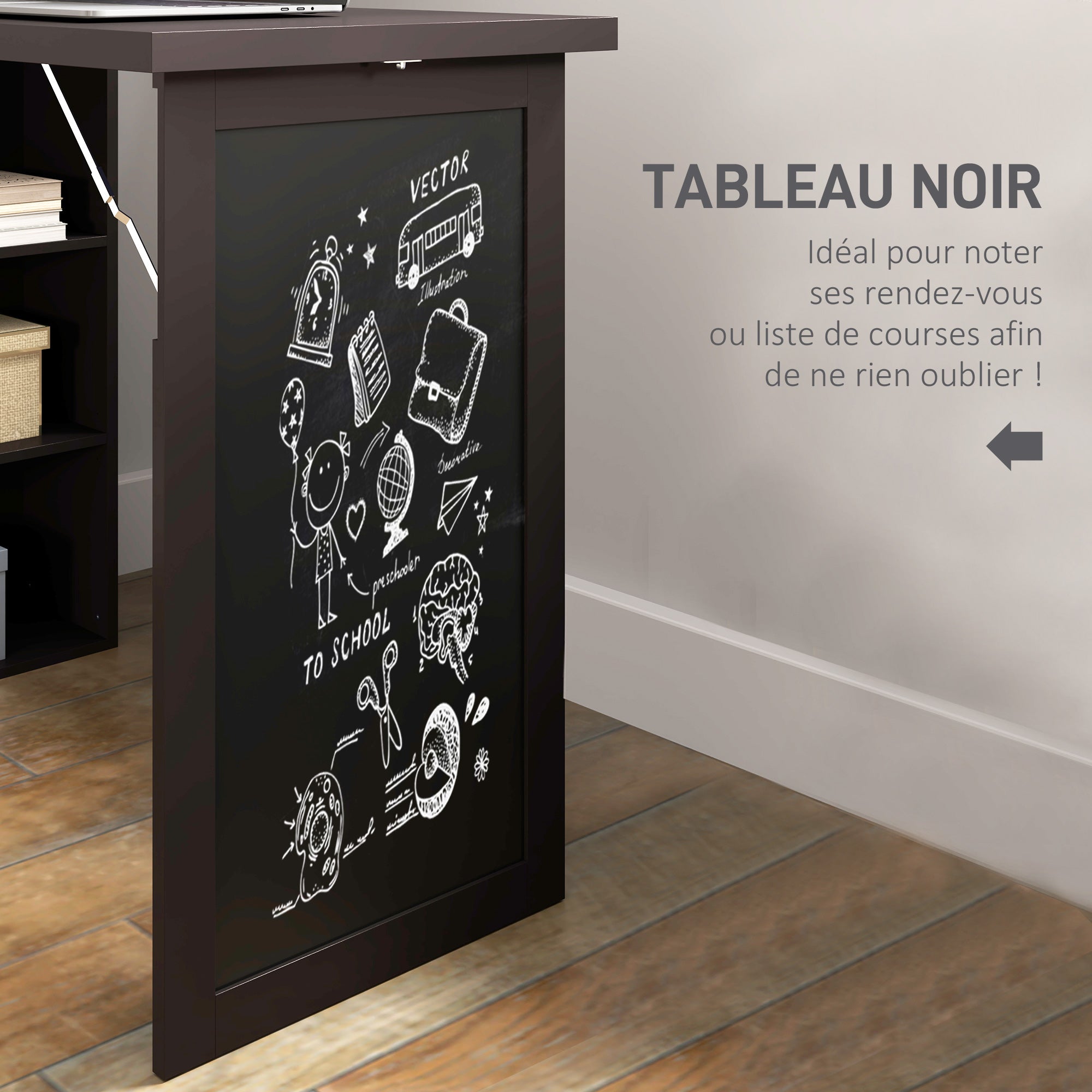 Bureau informatique pliable, bureau avec bibliothèque, poste de travail, tableau noir, 9 compartiments ouverts et étagère réglable, table d'ordinateur pour chambre, 98x51x153cm, marron