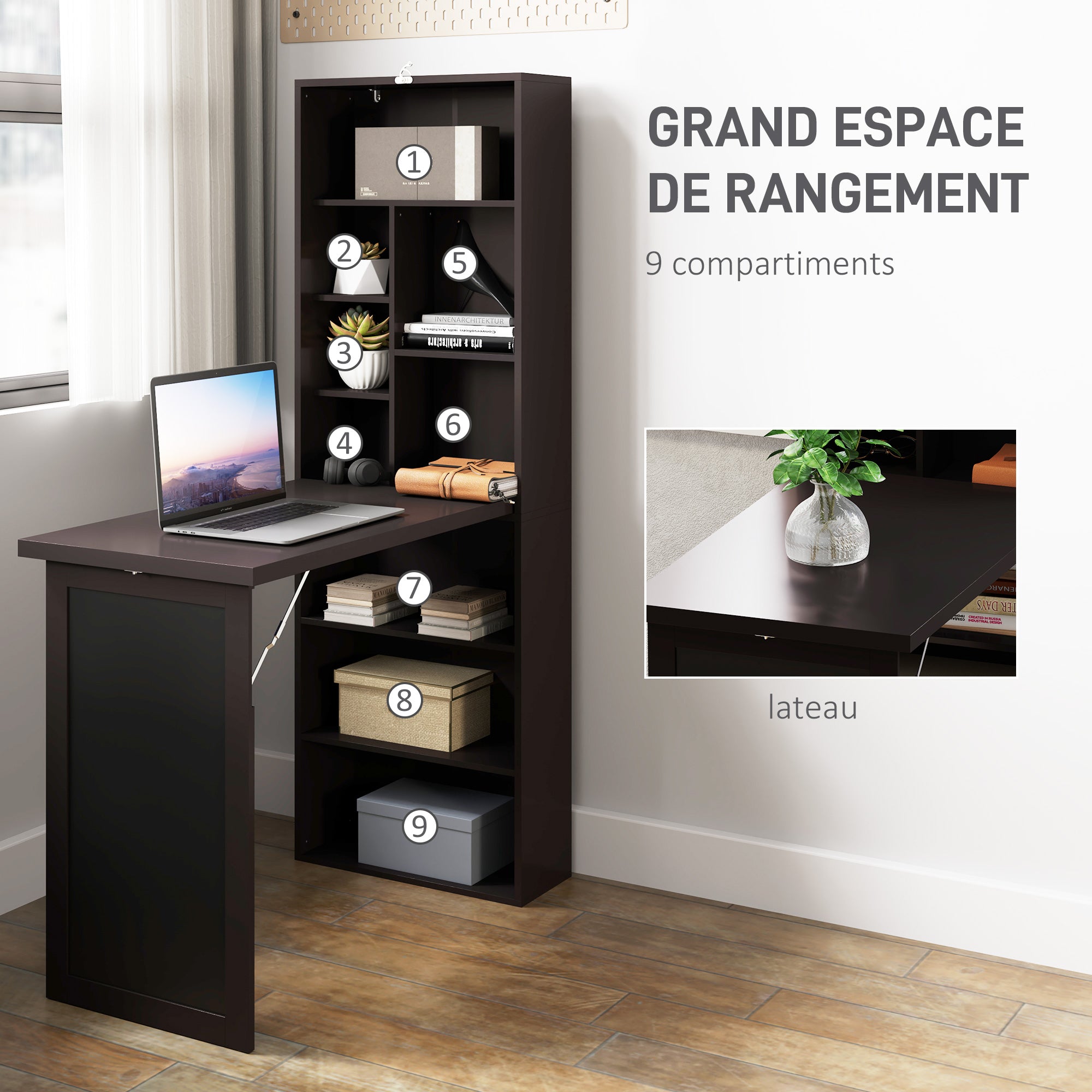 Bureau informatique pliable, bureau avec bibliothèque, poste de travail, tableau noir, 9 compartiments ouverts et étagère réglable, table d'ordinateur pour chambre, 98x51x153cm, marron