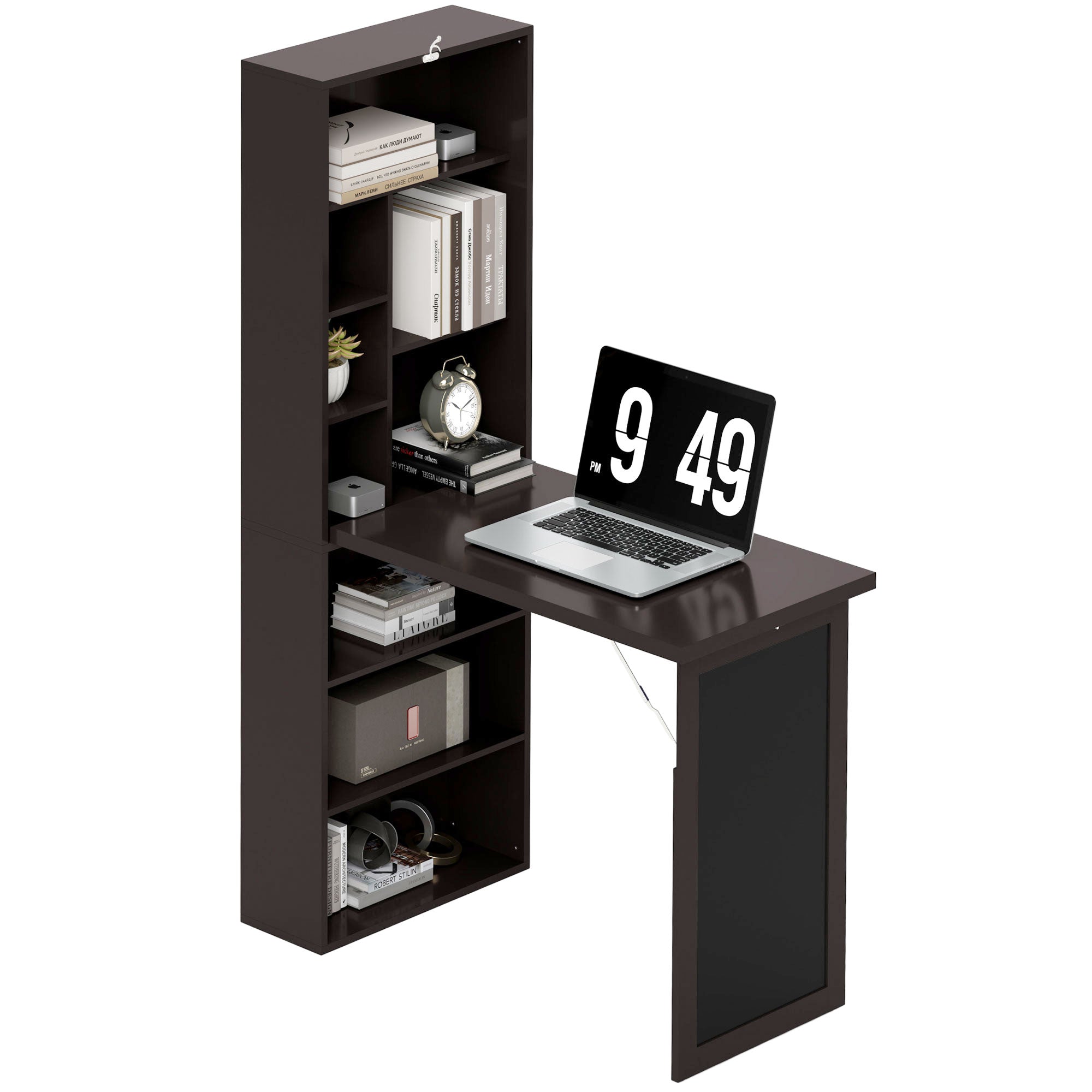 Bureau informatique pliable, bureau avec bibliothèque, poste de travail, tableau noir, 9 compartiments ouverts et étagère réglable, table d'ordinateur pour chambre, 98x51x153cm, marron