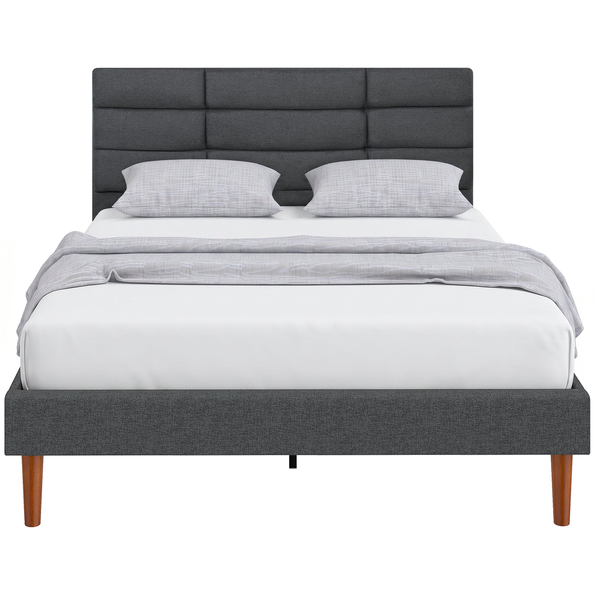 Cadre de Lit 140 x 200 cm avec Sommier Bois, Lit Double Rembourré en Effet Lin, 9 Pieds Robustes Supporte 500 KG, Tête de Lit Quadrillé, Rangement au-dessous, Sans Bruit, Montage Facile, Gris