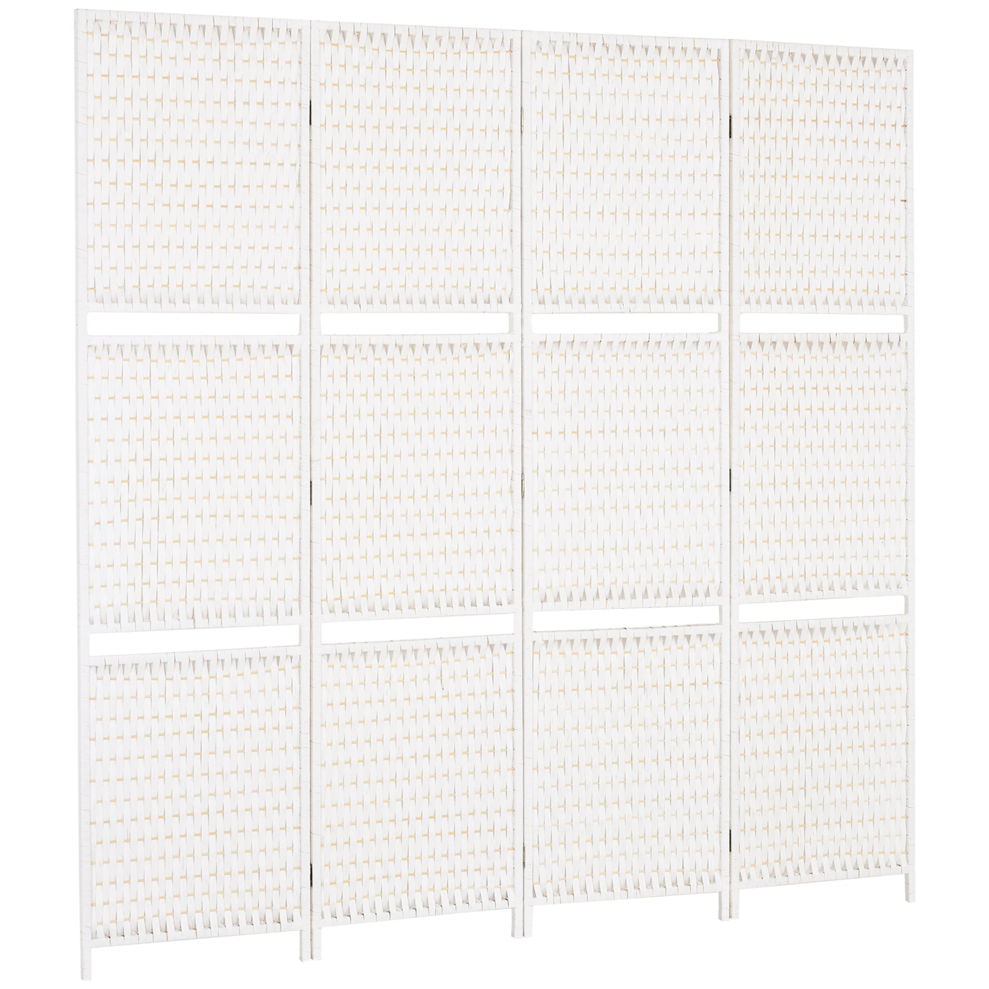 Paravent intérieur 4 panneaux 181L x 180H cm 2 étagères pliables séparateur de pièce bois de pin bambou fibres de papier tressée blanc paille