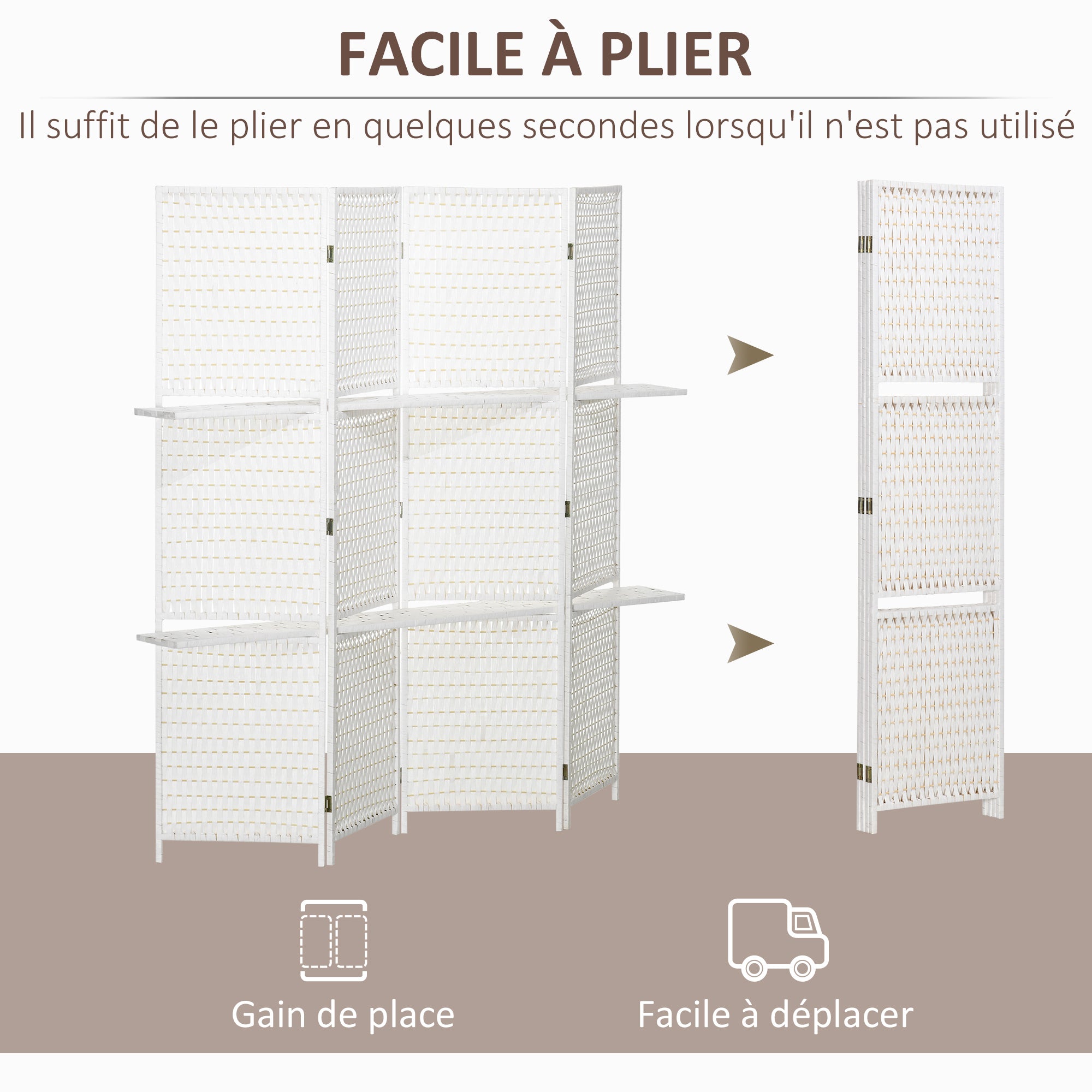 Paravent intérieur 4 panneaux 181L x 180H cm 2 étagères pliables séparateur de pièce bois de pin bambou fibres de papier tressée blanc paille