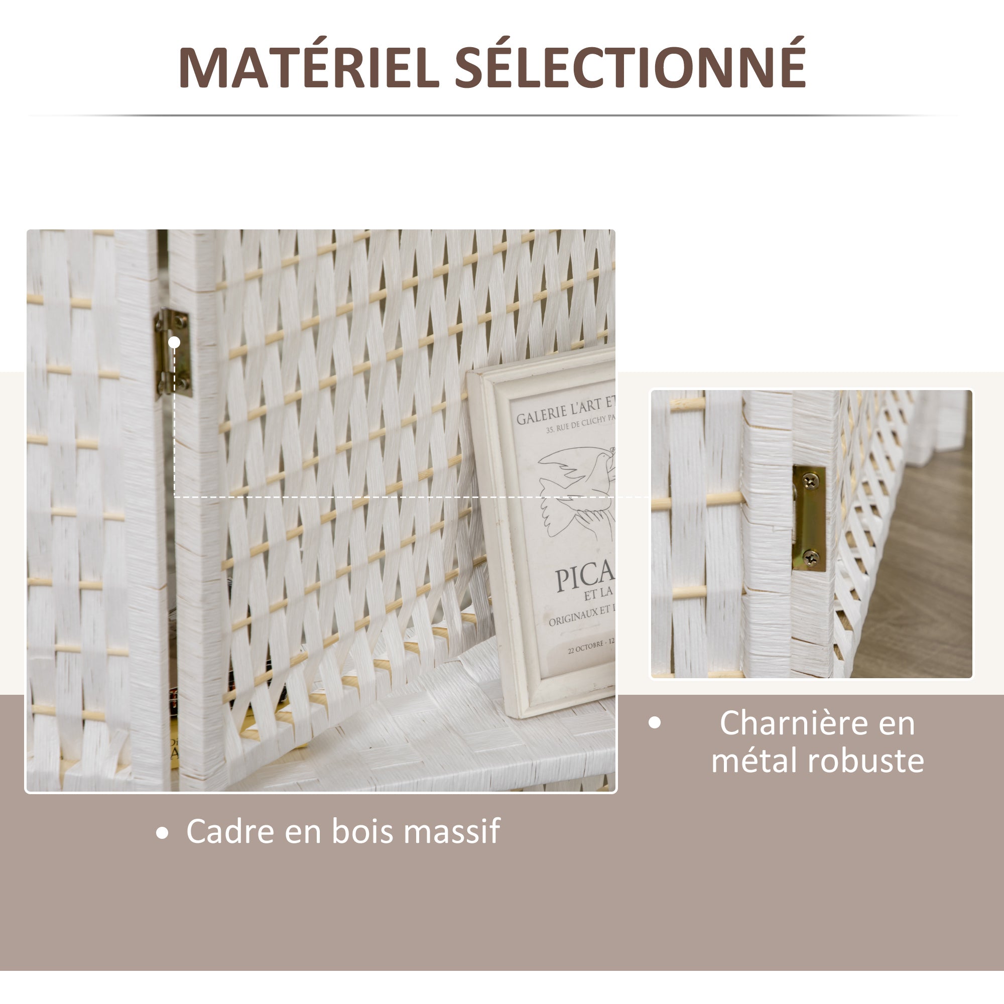 Paravent intérieur 4 panneaux 181L x 180H cm 2 étagères pliables séparateur de pièce bois de pin bambou fibres de papier tressée blanc paille