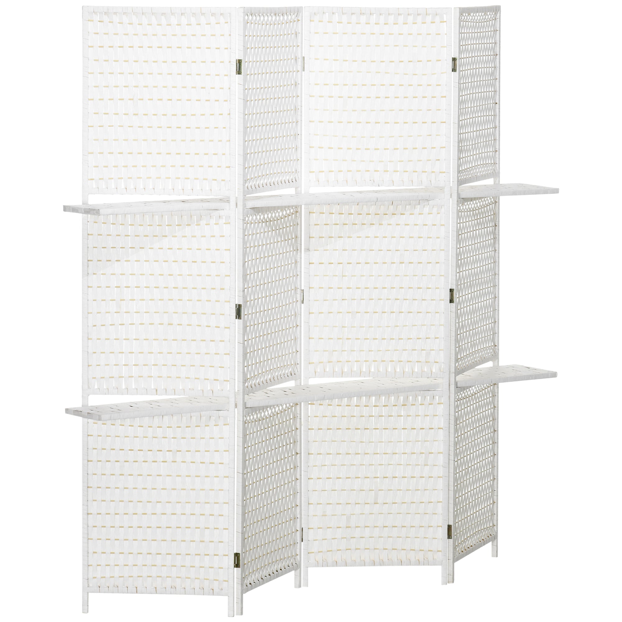 Paravent intérieur 4 panneaux 181L x 180H cm 2 étagères pliables séparateur de pièce bois de pin bambou fibres de papier tressée blanc paille