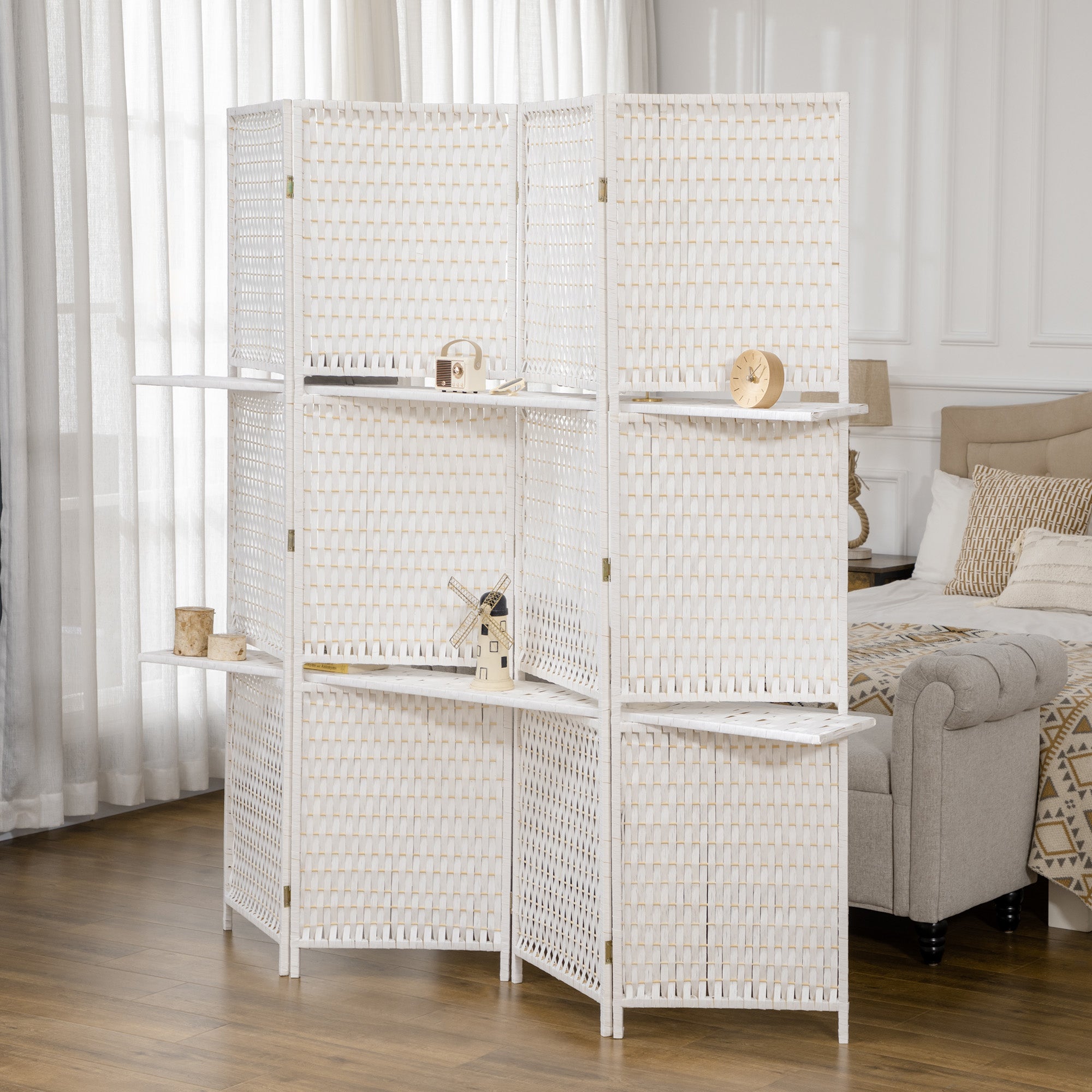 Paravent intérieur 4 panneaux 181L x 180H cm 2 étagères pliables séparateur de pièce bois de pin bambou fibres de papier tressée blanc paille