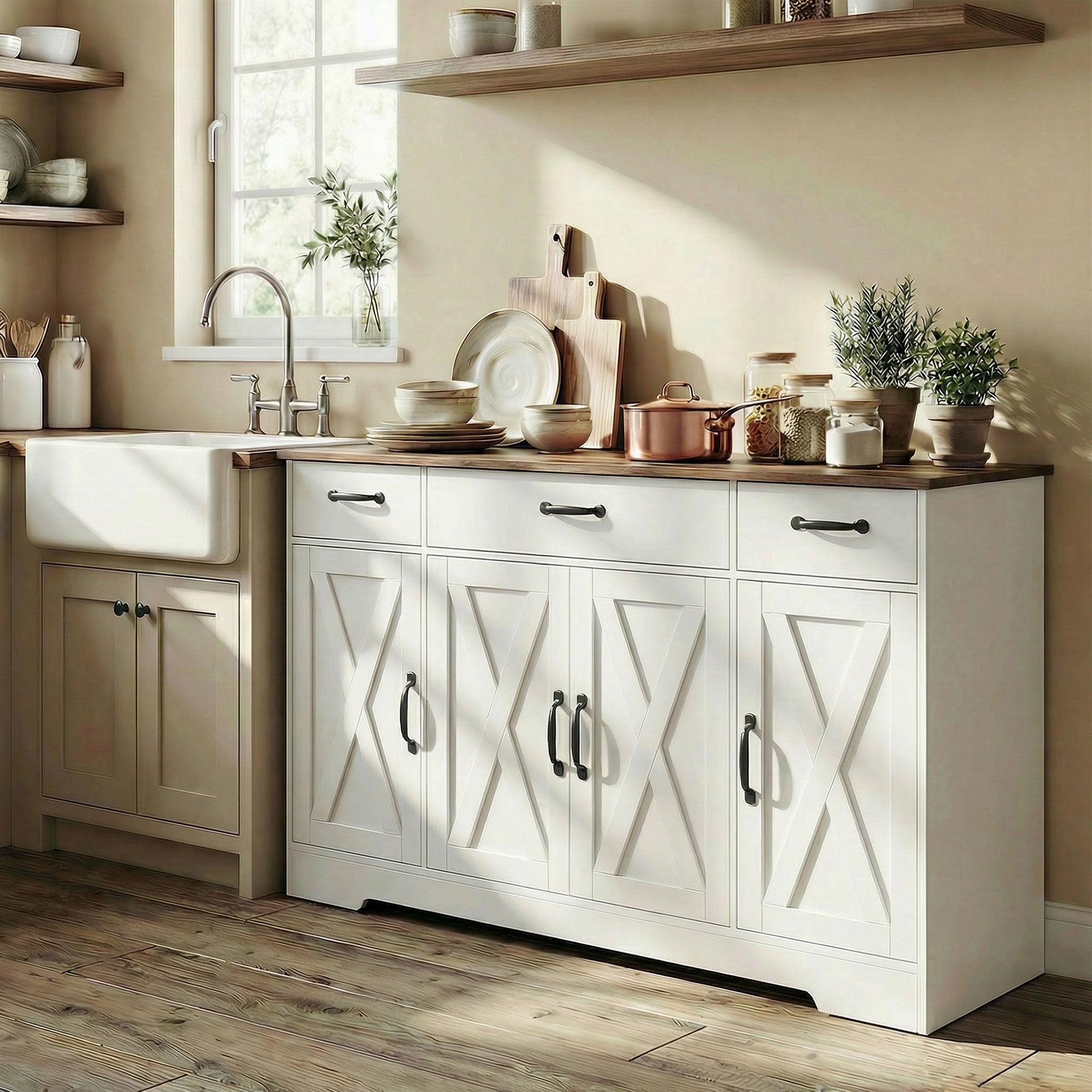 Buffet Cuisine, Meuble de Rangement avec 4 Portes de Grange, 3 Tiroirs et Étagères Réglables, Meuble TV pour Téléviseurs Jusqu'à 60 Pouces, pour Salon et Chambre, 140 x 40 x 81 cm, Blanc