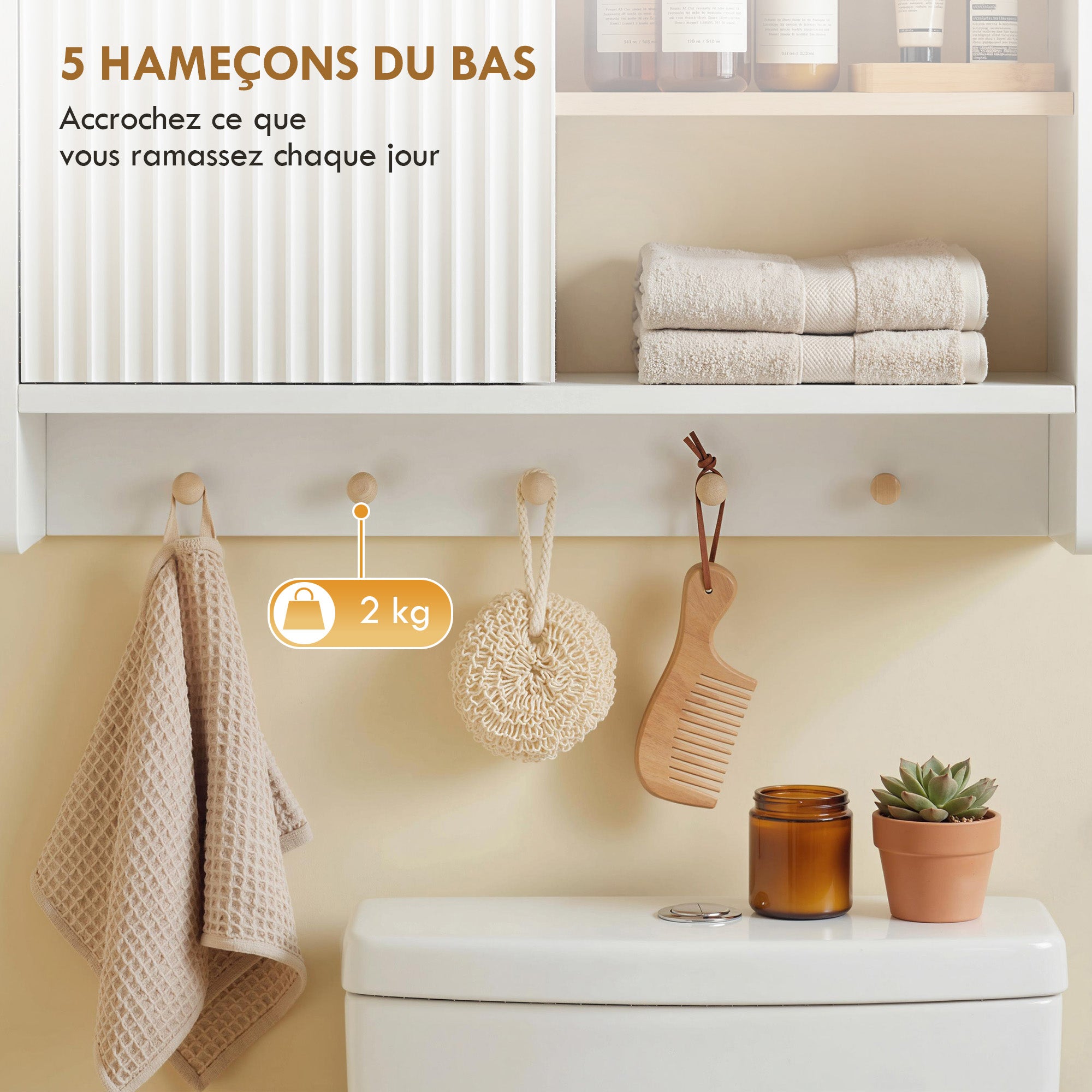Armoire murale de salle de bain, meuble de rangement suspendu pour salle de bains avec porte, étagères ouvertes et 5 crochets, meuble WC suspendu, 60 x 20 x 40 cm, blanc et chêne