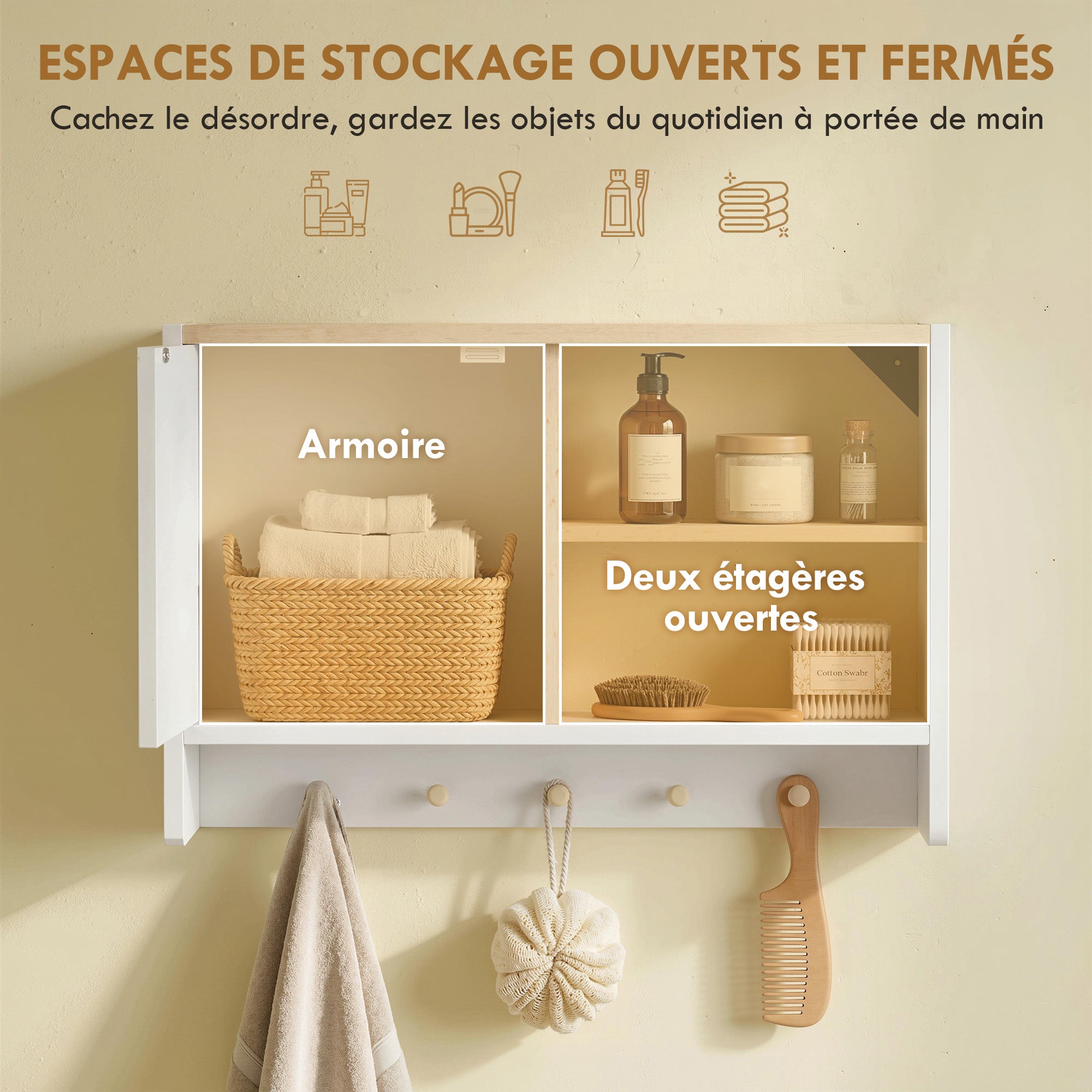 Armoire murale de salle de bain, meuble de rangement suspendu pour salle de bains avec porte, étagères ouvertes et 5 crochets, meuble WC suspendu, 60 x 20 x 40 cm, blanc et chêne