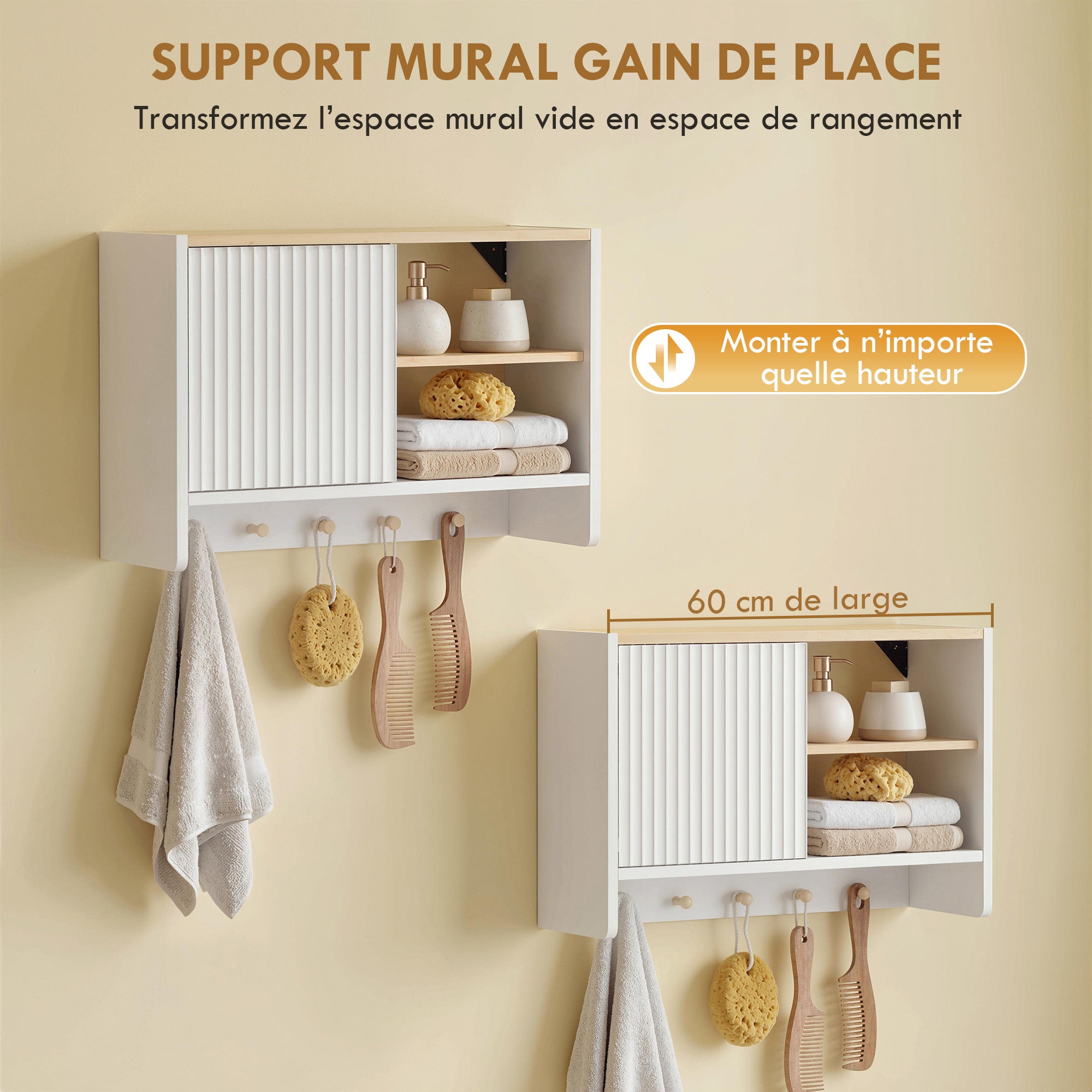 Armoire murale de salle de bain, meuble de rangement suspendu pour salle de bains avec porte, étagères ouvertes et 5 crochets, meuble WC suspendu, 60 x 20 x 40 cm, blanc et chêne