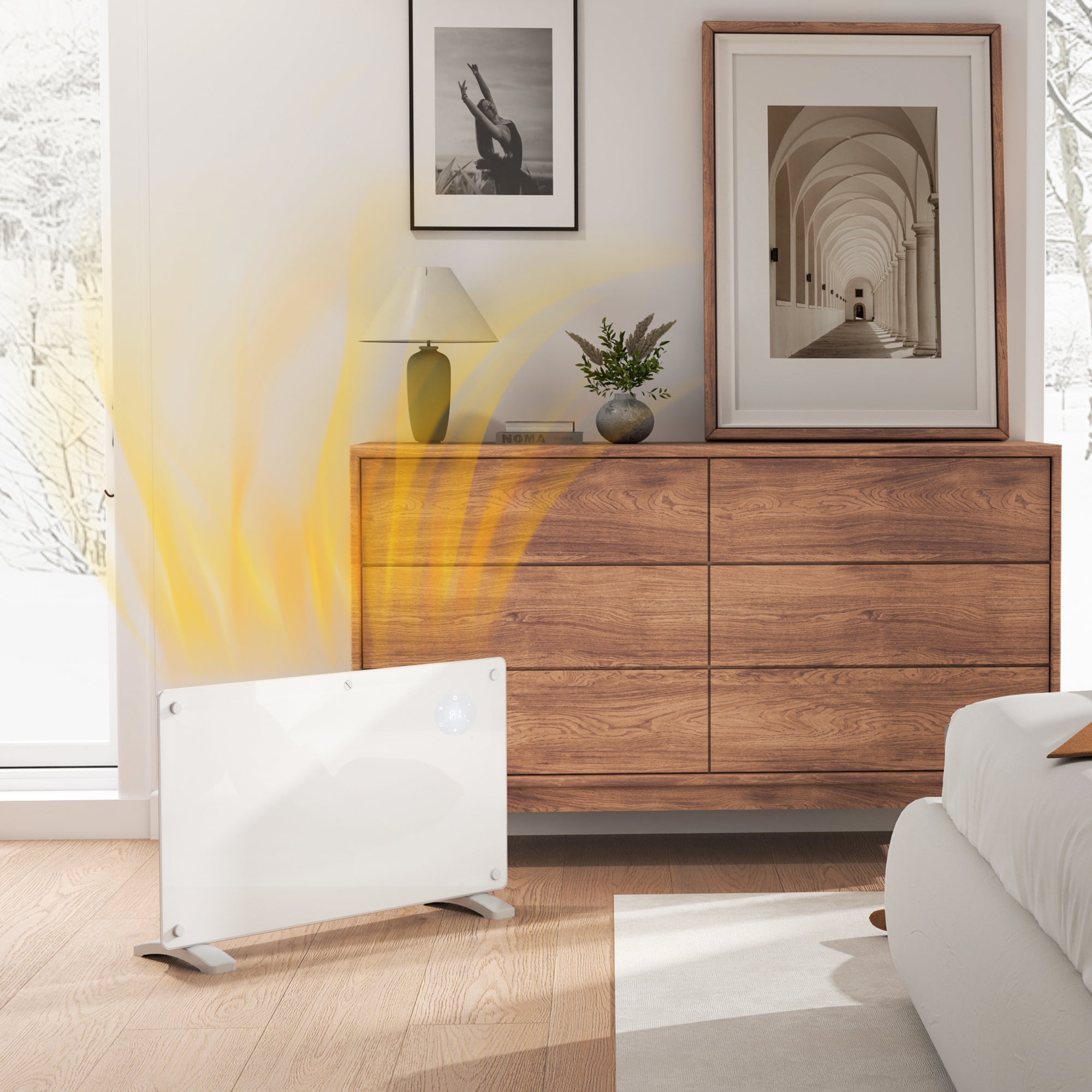 Radiateur électrique chauffage électrique mural ou au sol 1500W convecteur en verre avec affichage LED, minuterie 24 heures ou hebdomadaire, thermostat, télécommande, blanc