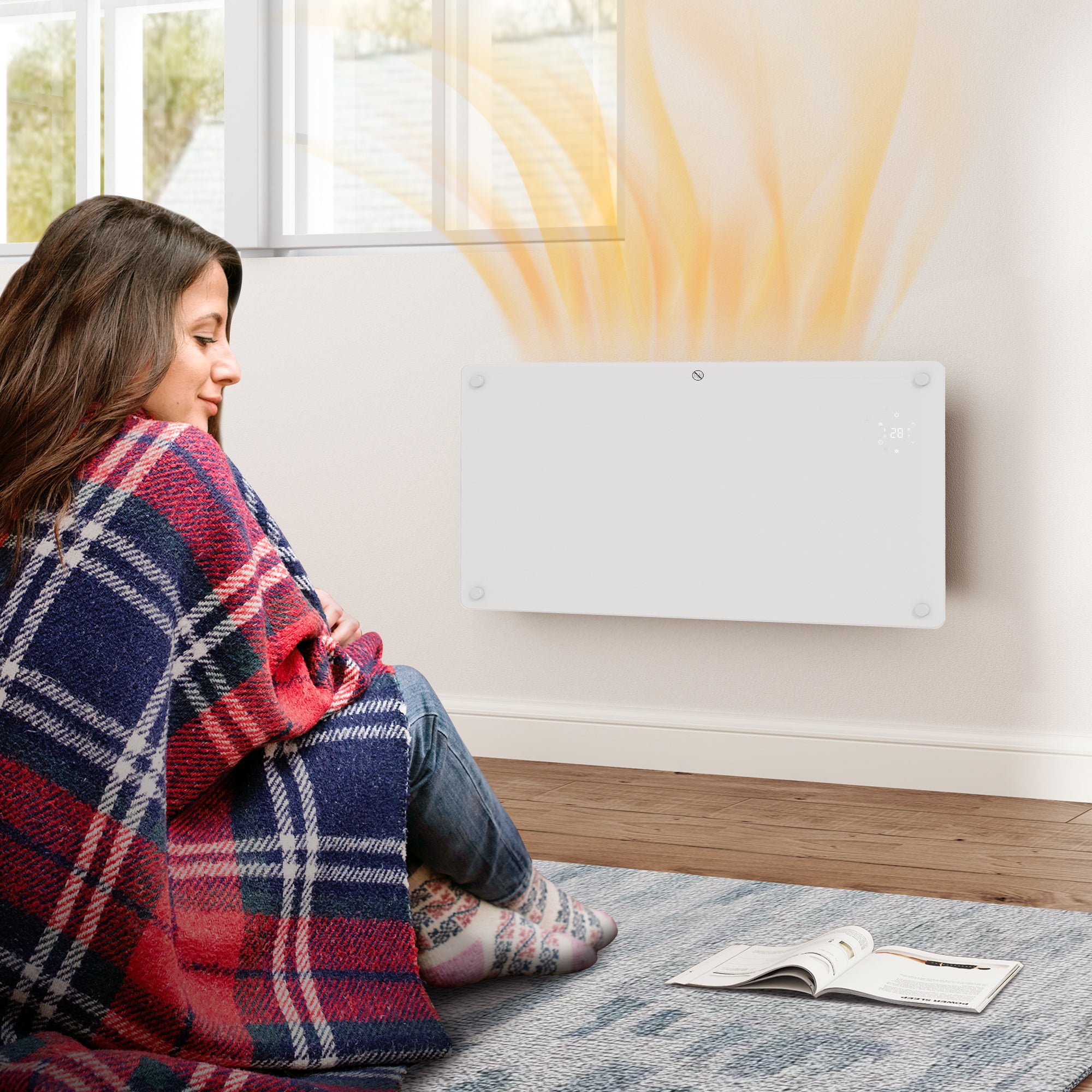 Radiateur électrique chauffage électrique mural ou au sol 1500W convecteur en verre avec affichage LED, minuterie 24 heures ou hebdomadaire, thermostat, télécommande, blanc