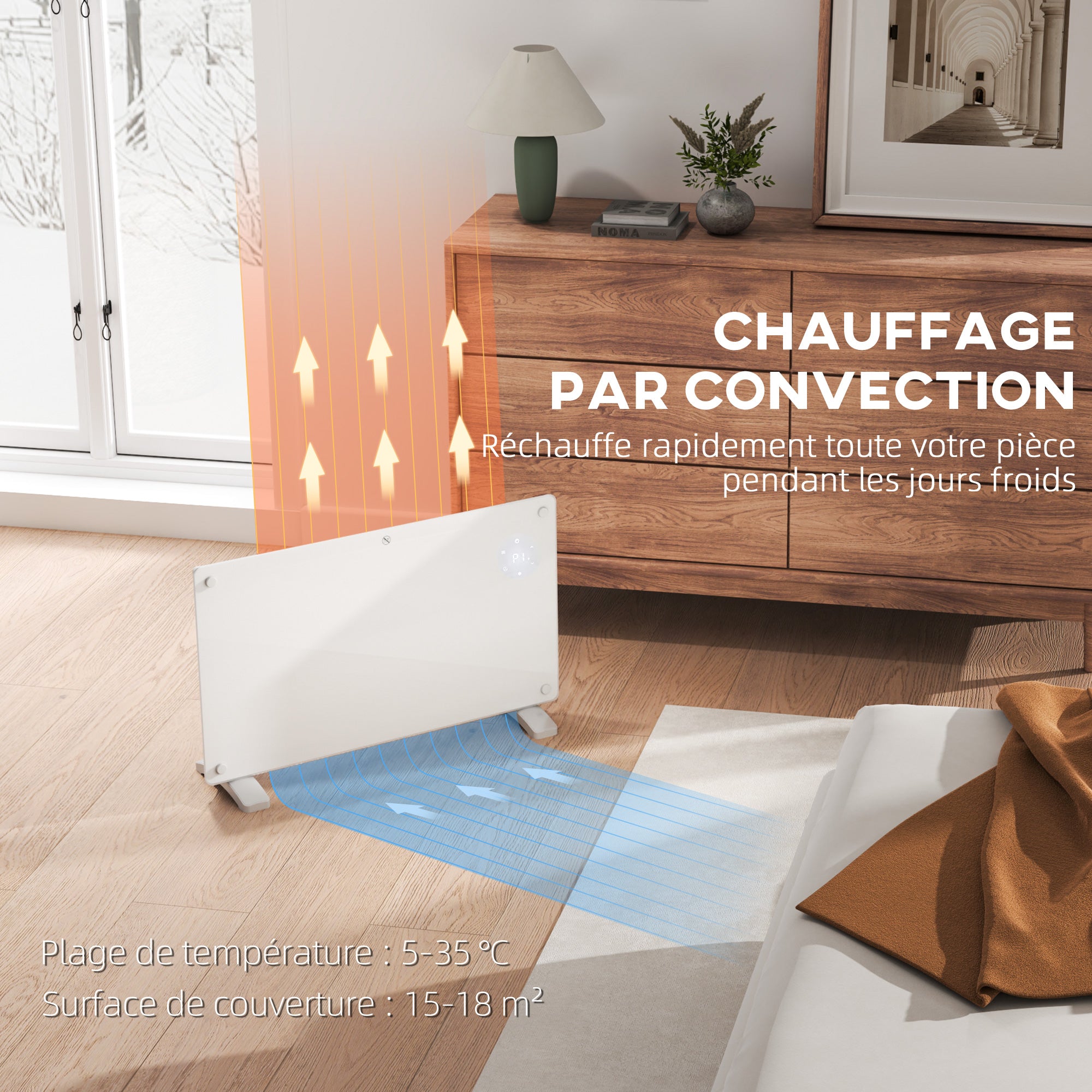 Radiateur électrique chauffage électrique mural ou au sol 1500W convecteur en verre avec affichage LED, minuterie 24 heures ou hebdomadaire, thermostat, télécommande, blanc