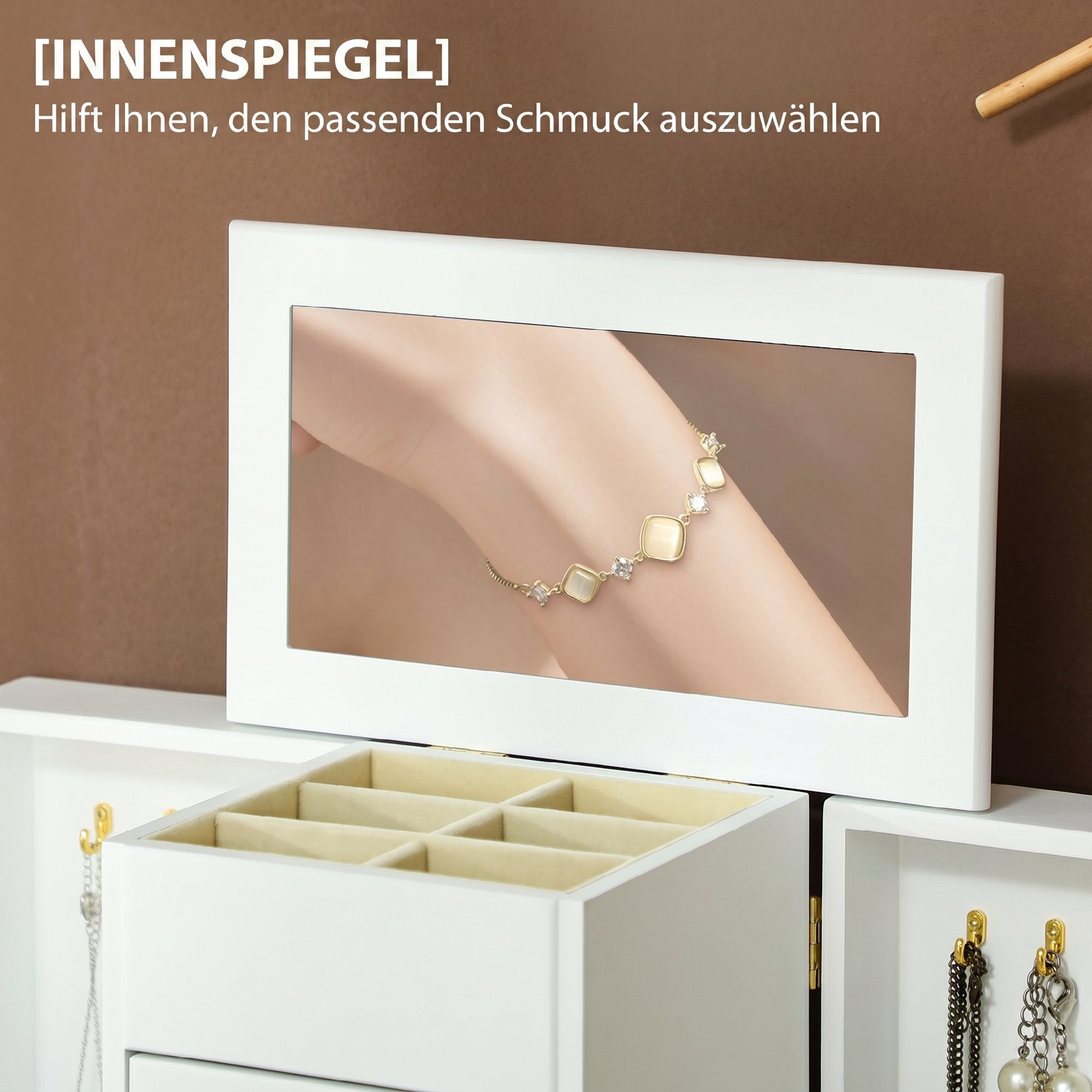 Boîte à Bijoux Femme à 4 Niveaux, Coffre à Bijoux en Bois avec Ailes, Miroir et 2 Tiroirs pour Bagues, Boucles d'Oreilles, Colliers et Bracelets, Blanc