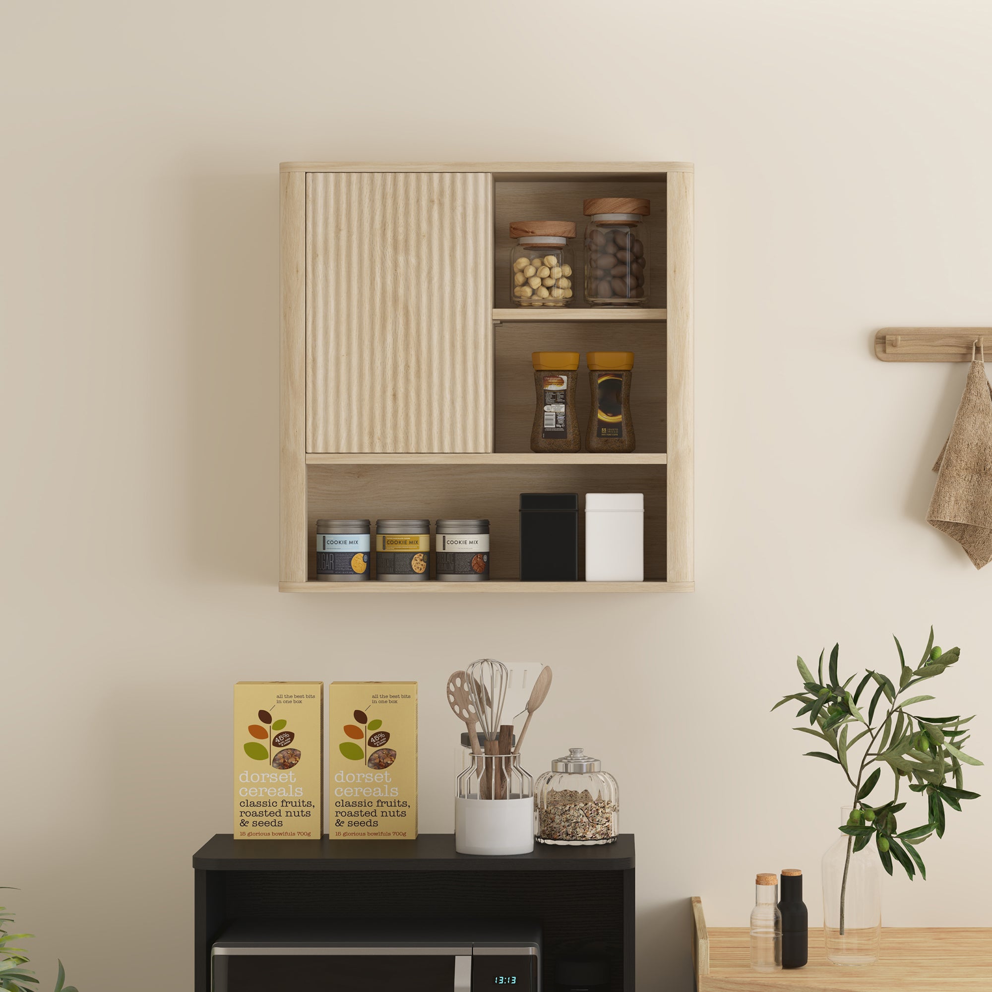 Armoire murale, meuble haut salle de bain avec étagères réglables, porte coulissante et étagères ouvertes, meuble de rangement suspendu, 60 x 20 x 62 cm, bois naturel