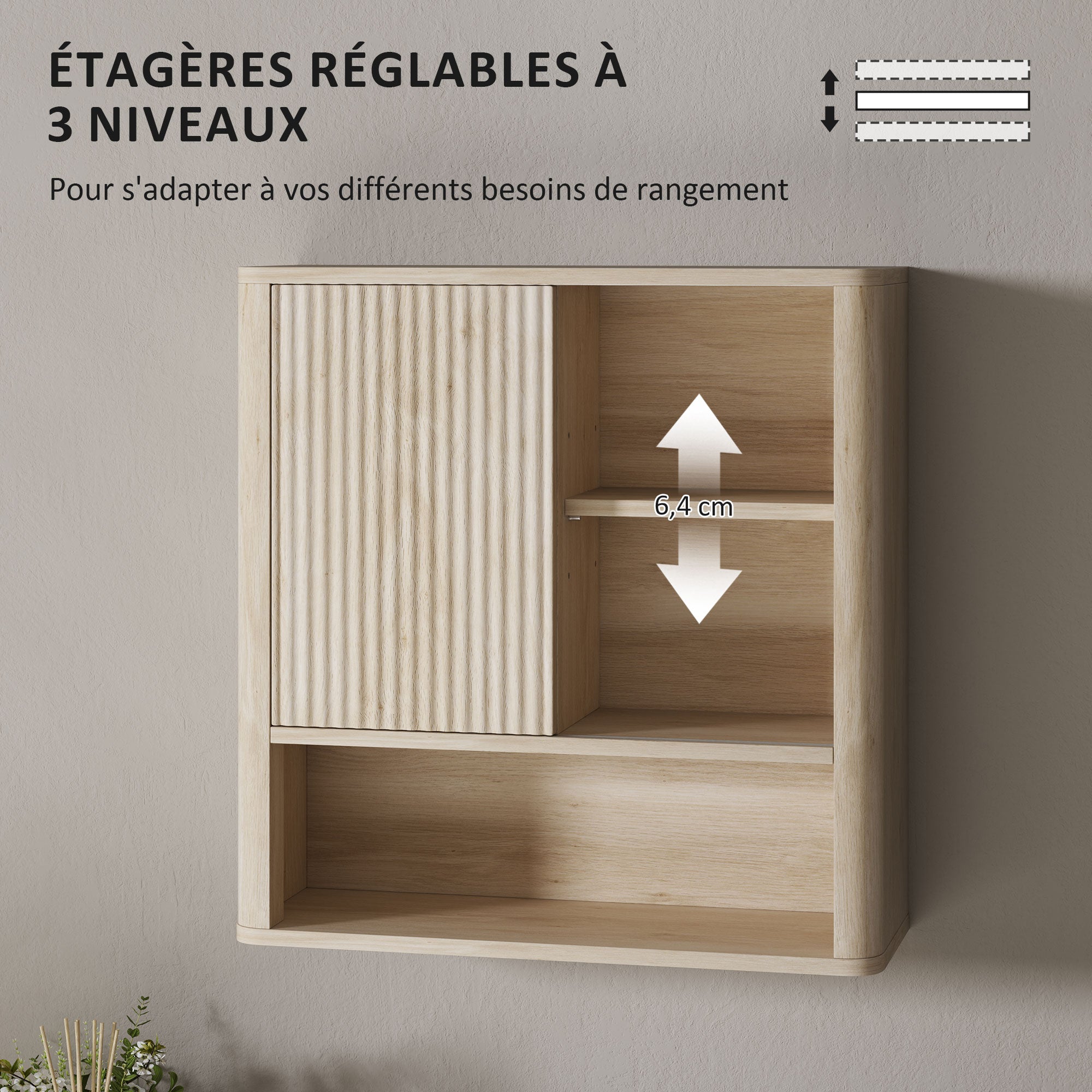 Armoire murale, meuble haut salle de bain avec étagères réglables, porte coulissante et étagères ouvertes, meuble de rangement suspendu, 60 x 20 x 62 cm, bois naturel