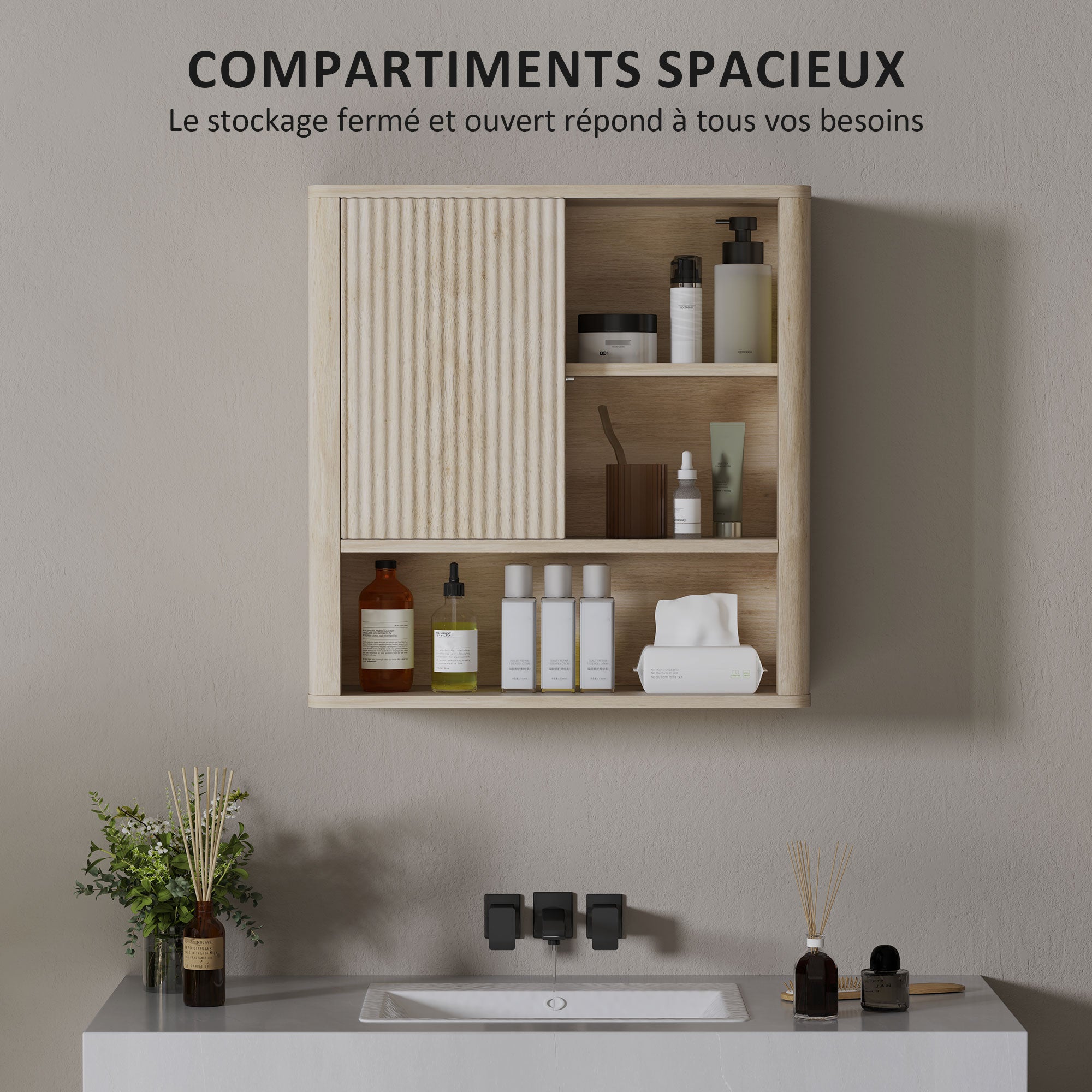 Armoire murale, meuble haut salle de bain avec étagères réglables, porte coulissante et étagères ouvertes, meuble de rangement suspendu, 60 x 20 x 62 cm, bois naturel