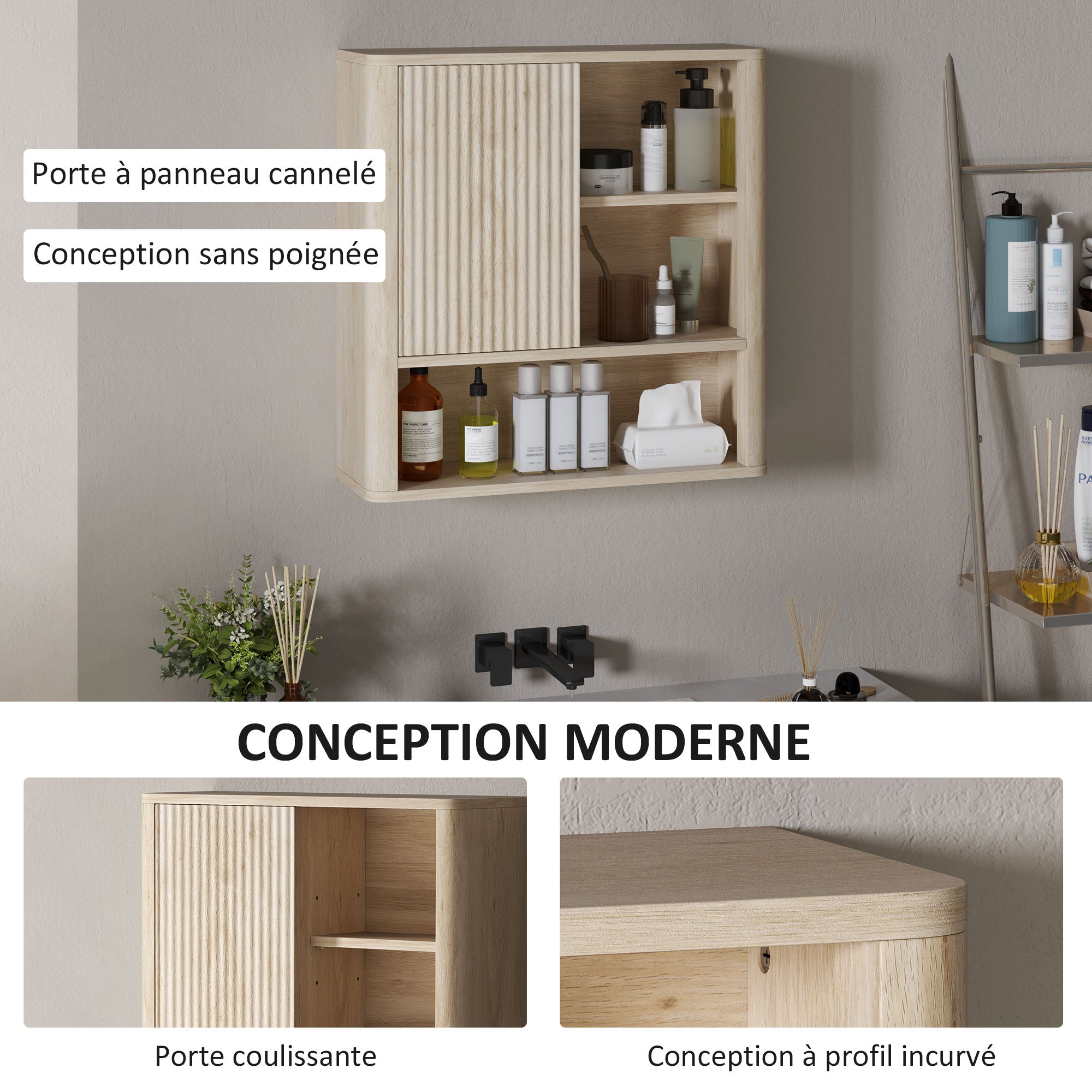 Armoire murale, meuble haut salle de bain avec étagères réglables, porte coulissante et étagères ouvertes, meuble de rangement suspendu, 60 x 20 x 62 cm, bois naturel