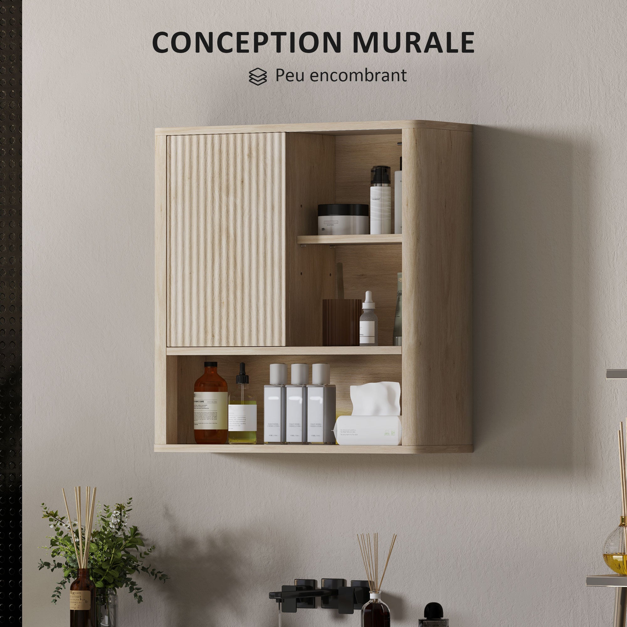 Armoire murale, meuble haut salle de bain avec étagères réglables, porte coulissante et étagères ouvertes, meuble de rangement suspendu, 60 x 20 x 62 cm, bois naturel