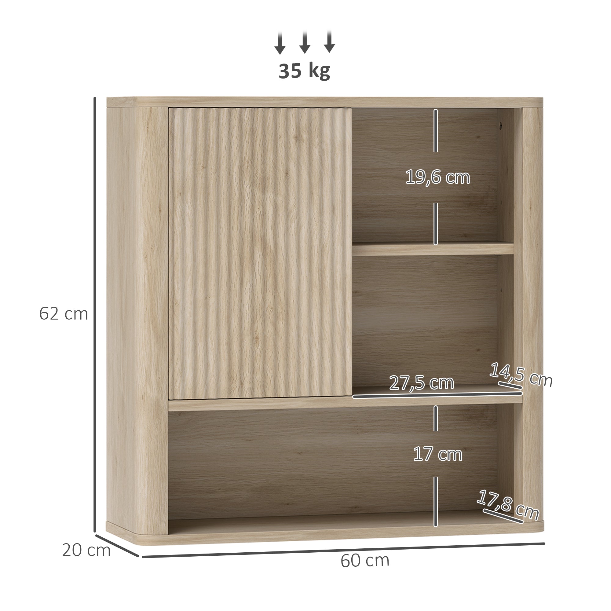 Armoire murale, meuble haut salle de bain avec étagères réglables, porte coulissante et étagères ouvertes, meuble de rangement suspendu, 60 x 20 x 62 cm, bois naturel