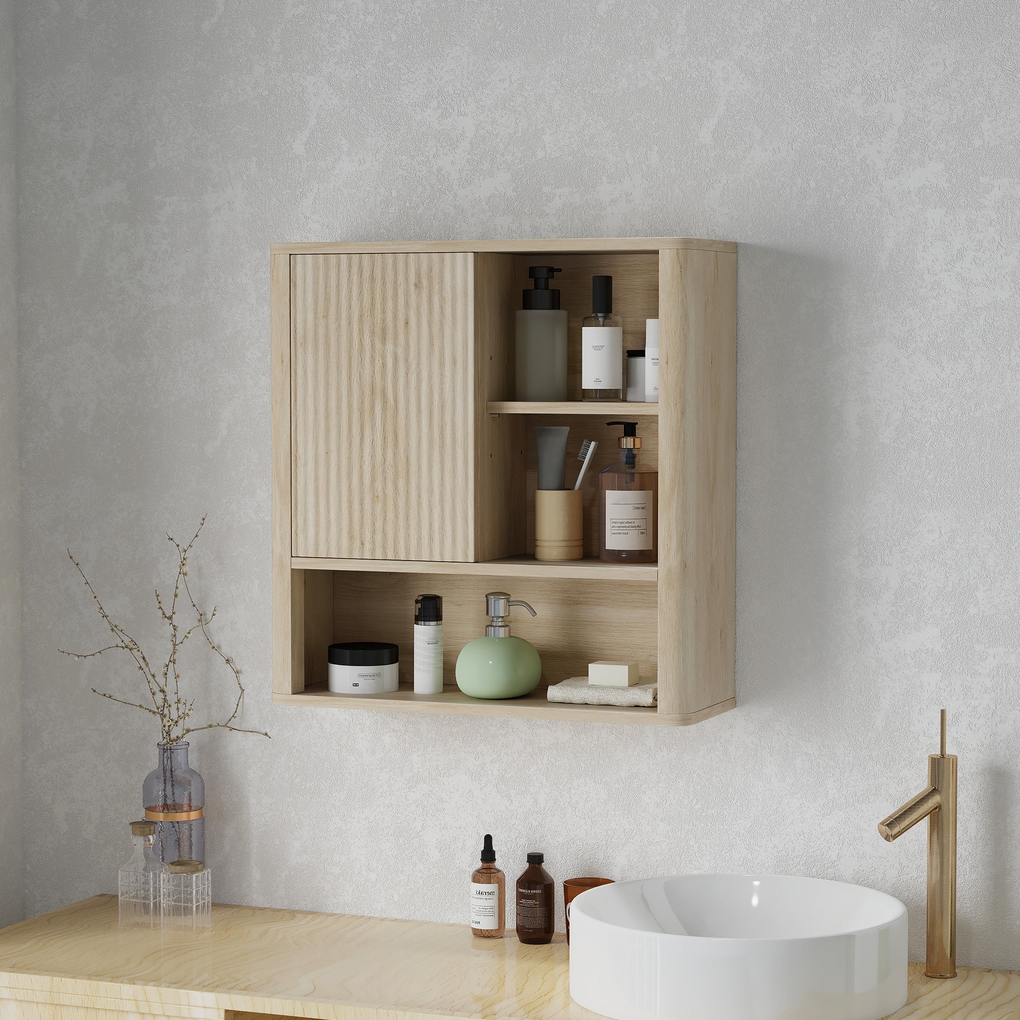 Armoire murale, meuble haut salle de bain avec étagères réglables, porte coulissante et étagères ouvertes, meuble de rangement suspendu, 60 x 20 x 62 cm, bois naturel
