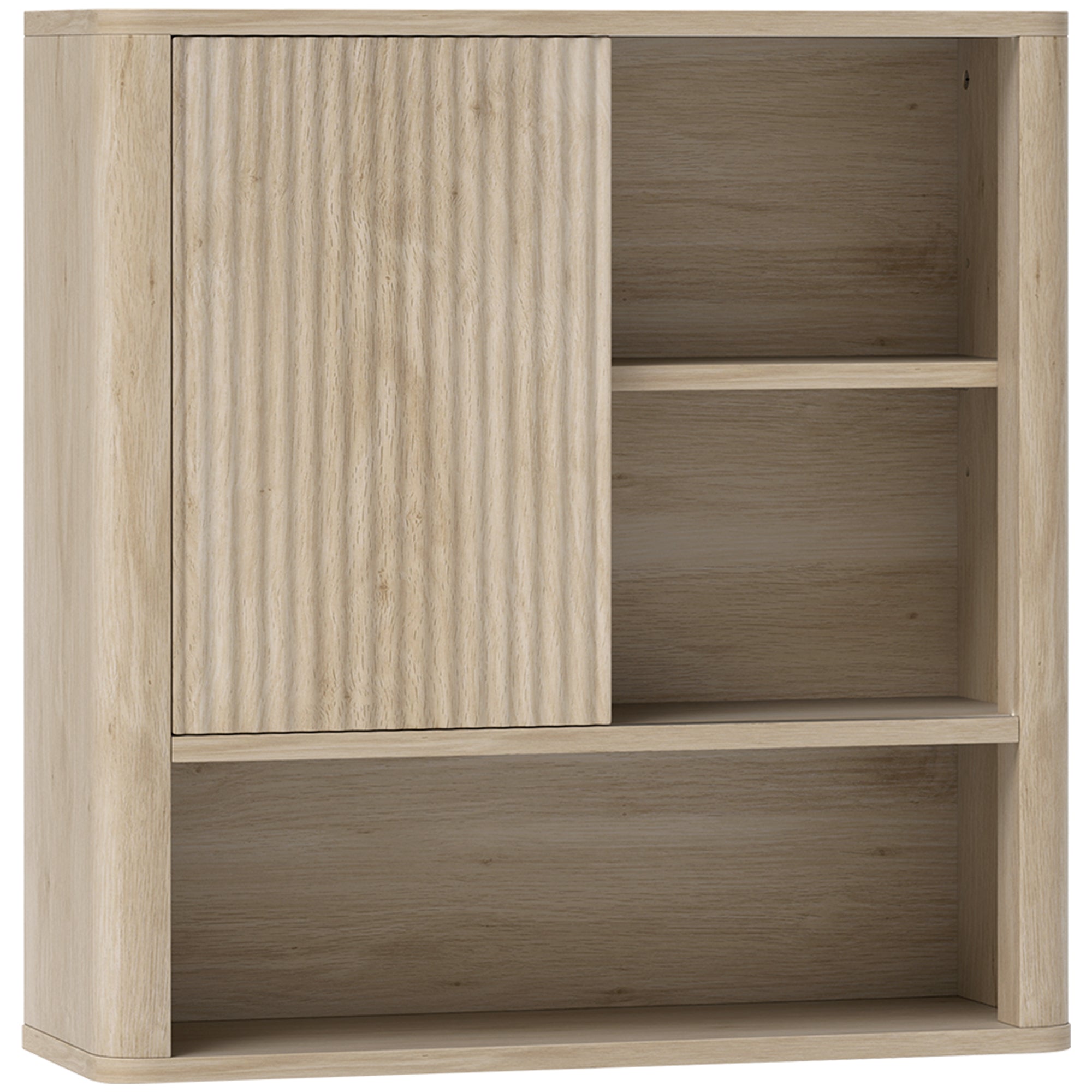 Armoire murale, meuble haut salle de bain avec étagères réglables, porte coulissante et étagères ouvertes, meuble de rangement suspendu, 60 x 20 x 62 cm, bois naturel