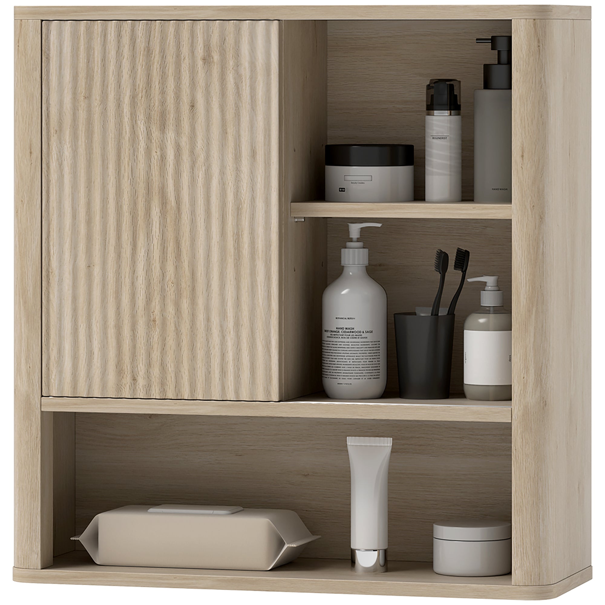 Armoire murale, meuble haut salle de bain avec étagères réglables, porte coulissante et étagères ouvertes, meuble de rangement suspendu, 60 x 20 x 62 cm, bois naturel