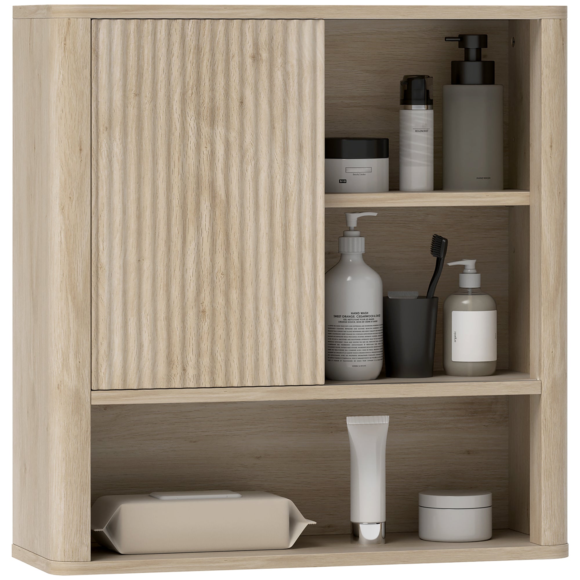 Armoire murale, meuble haut salle de bain avec étagères réglables, porte coulissante et étagères ouvertes, meuble de rangement suspendu, 60 x 20 x 62 cm, bois naturel
