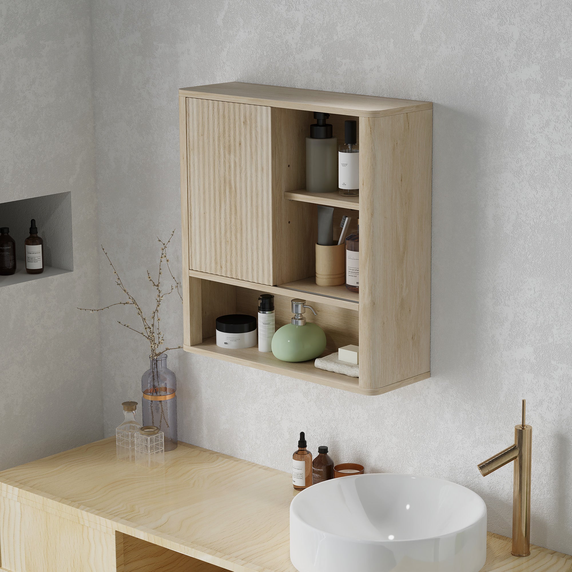 Armoire murale, meuble haut salle de bain avec étagères réglables, porte coulissante et étagères ouvertes, meuble de rangement suspendu, 60 x 20 x 62 cm, bois naturel