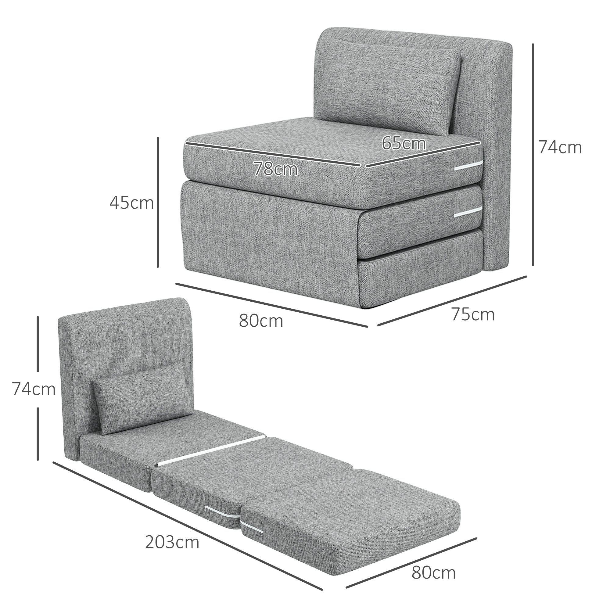 Fauteuil convertible 1 place fauteuil paresseux chauffeuse 1 place - coussin inclus, matelas tri-dépliant - pour invités, salon, charge 240 kg, tissu lin gris