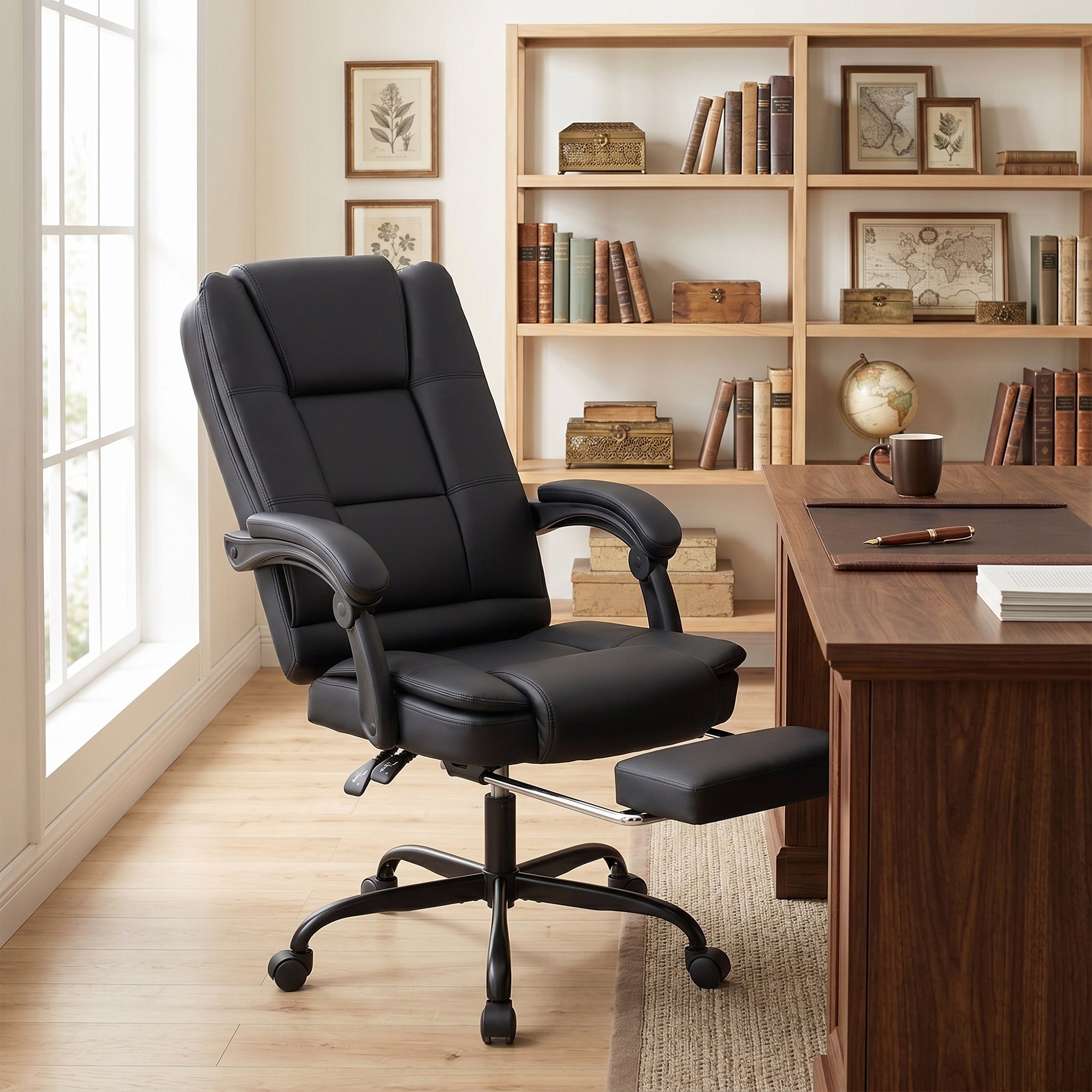 Chaise de Bureau Ergonomique, Fauteuil de Bureau Inclinable en PU avec Repose-Pieds Rétractable, Hauteur Réglable, Dossier Haut, Coussin Épais, Accoudoirs Liés, Pivotant 360°, Noir
