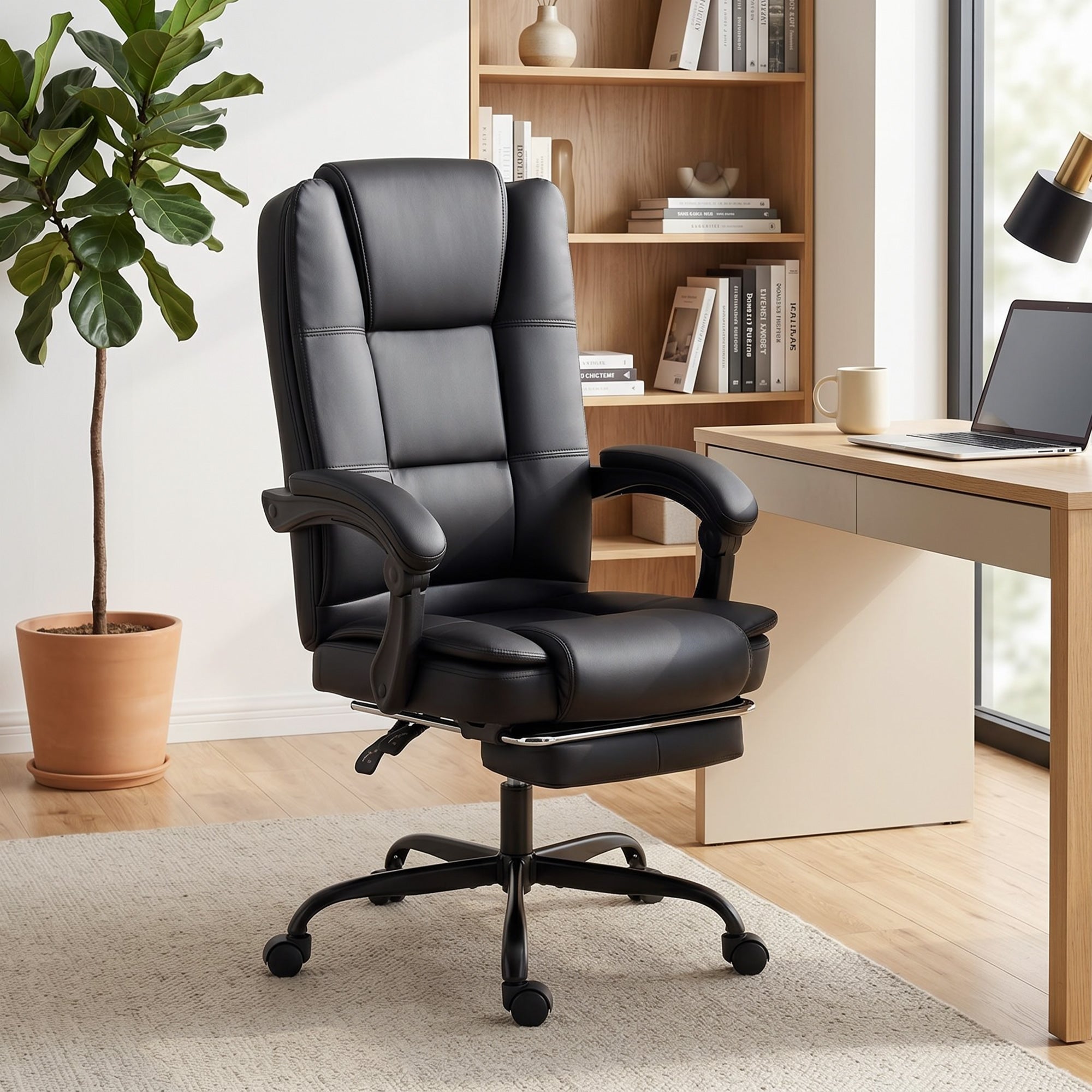 Chaise de Bureau Ergonomique, Fauteuil de Bureau Inclinable en PU avec Repose-Pieds Rétractable, Hauteur Réglable, Dossier Haut, Coussin Épais, Accoudoirs Liés, Pivotant 360°, Noir