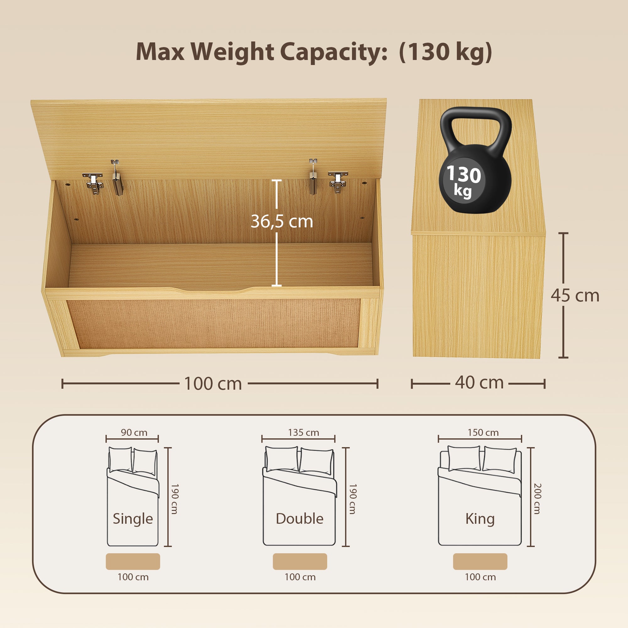 Coffre de Rangement en Rotin 136L, Banc Coffre avec Couvercle Relevable et 2 Charnières de Sécurité, Design Sans Poignée, Banc de Rangement pour Salon ou Entrée, 100 x 40 x 45 cm, Chêne