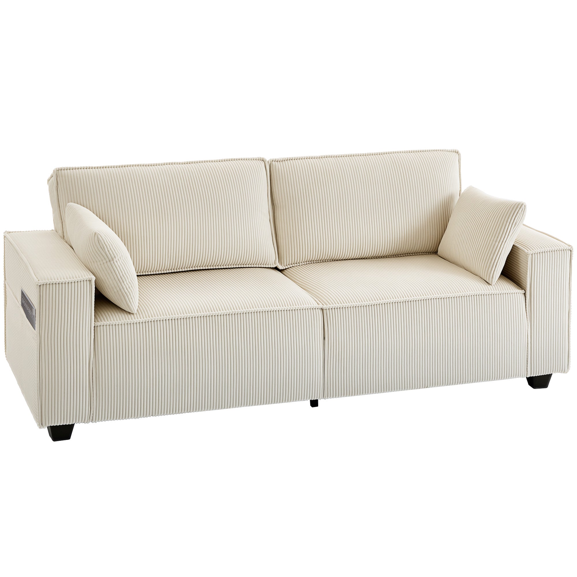 Canapé 3 places en velours côtelé 218 cm, canapé salon moderne, large assise rembourrée, coussins à ressorts, accoudoirs extra-larges, 2 coussins, poche latérale, pour salon, chambre, beige